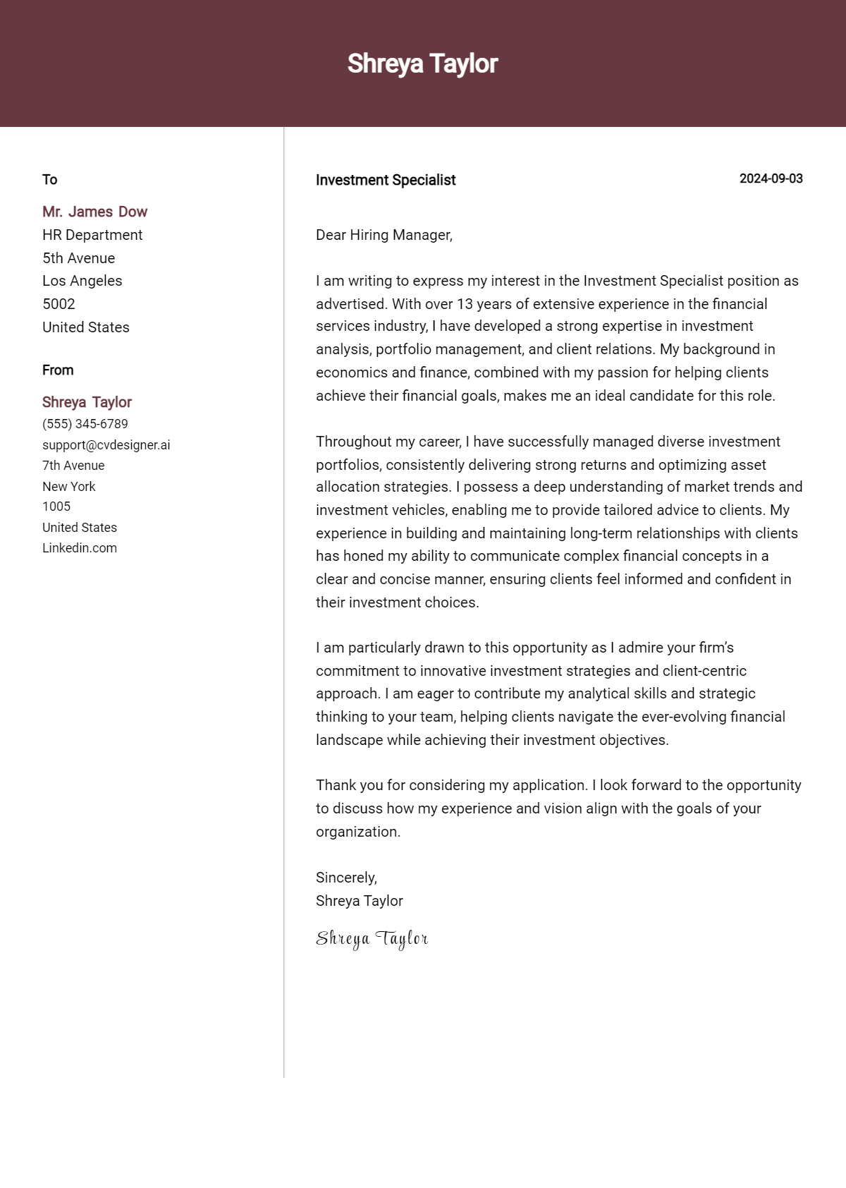 Investment Specialist Cover Letter Example for 2026 (Download Templates) Preview
