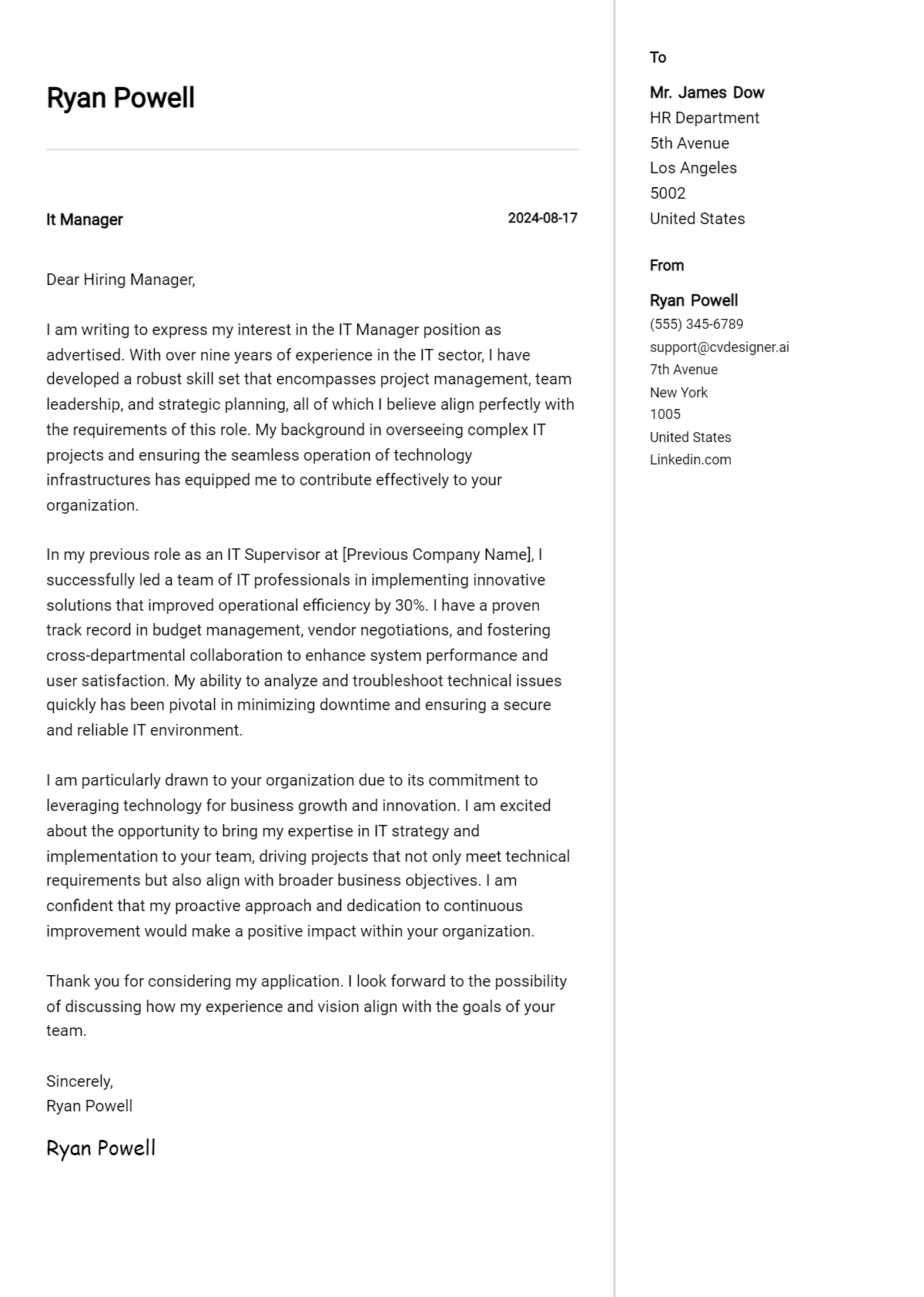IT Manager Cover Letter Example for 2026: Free Templates Preview