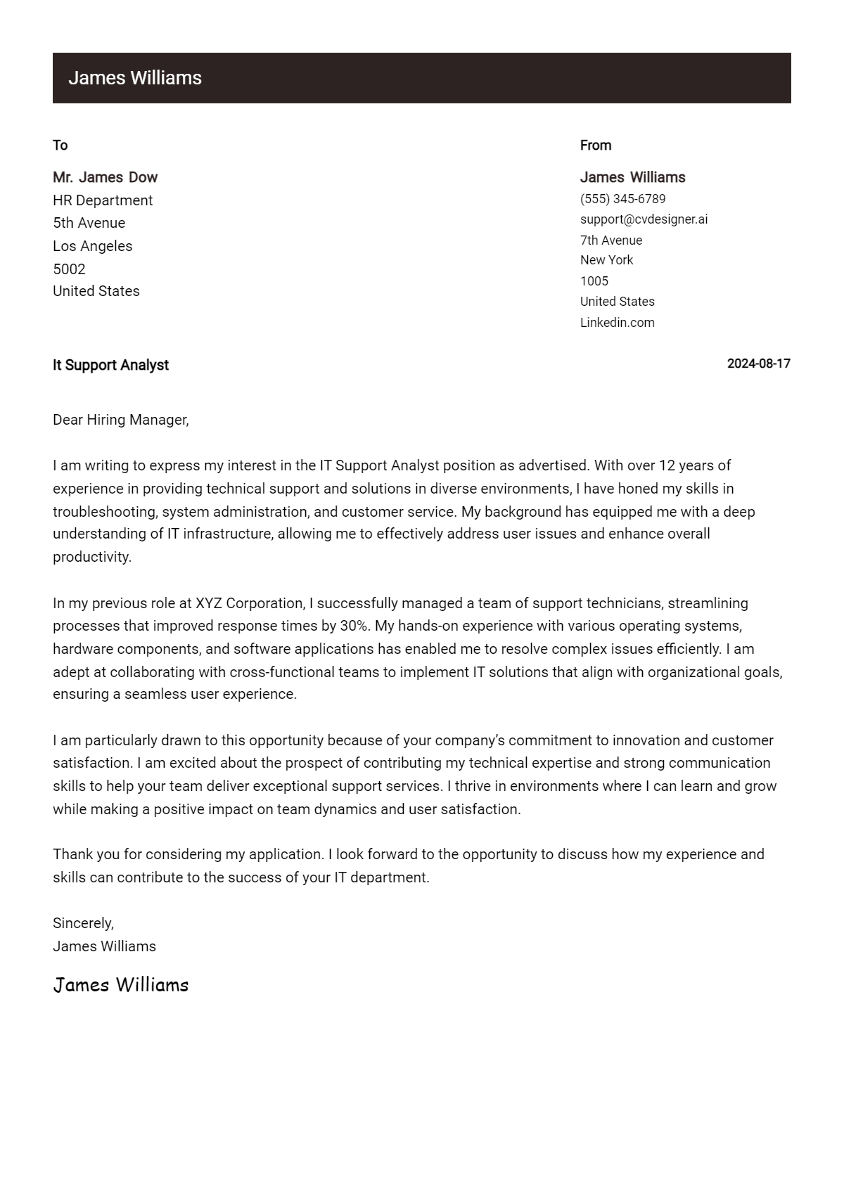IT Support Analyst Cover Letter Samples & Examples 2026 Preview