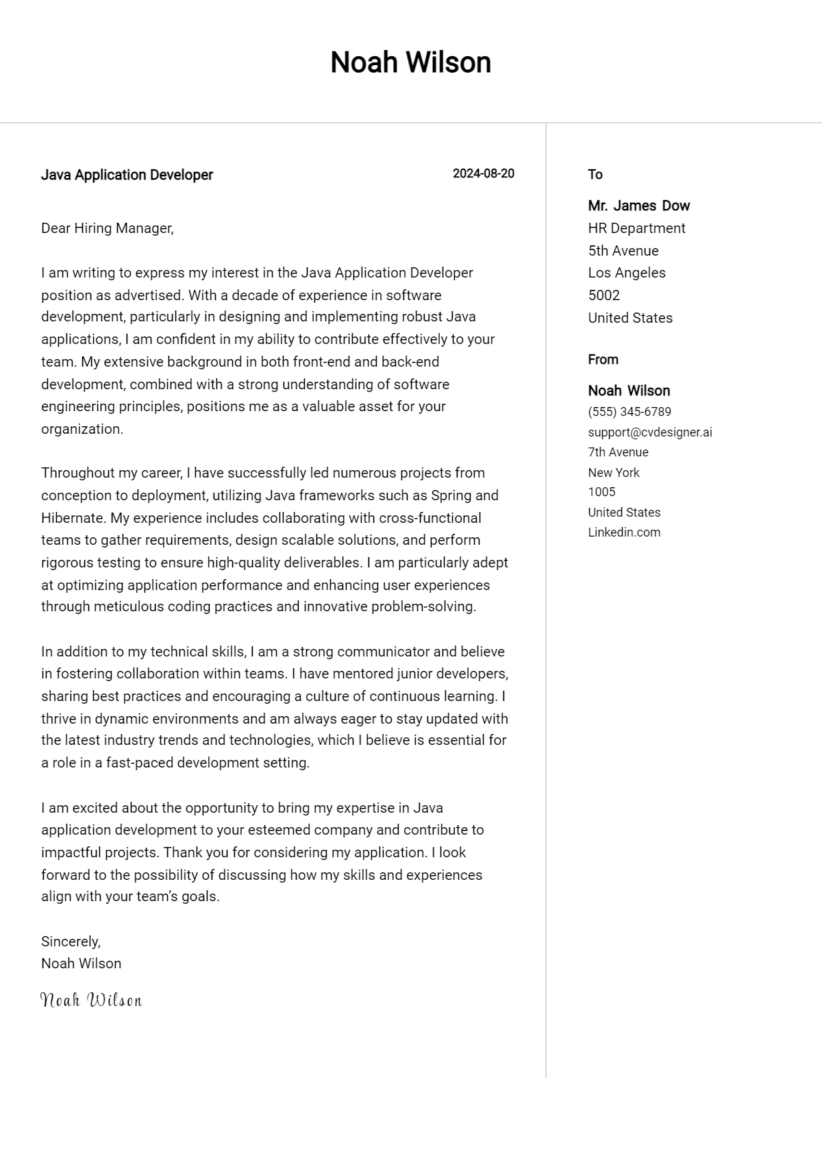 Java Application Developer Cover Letter Example for 2026 (Download Templates) Preview