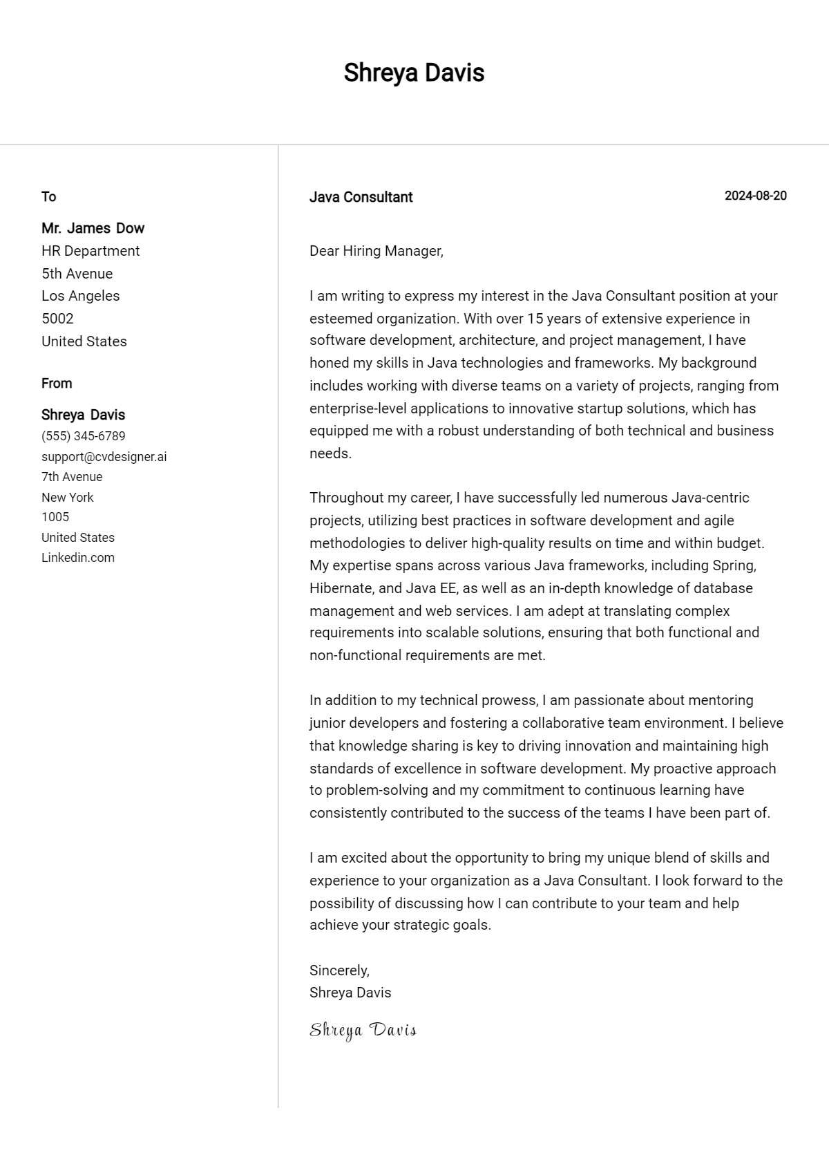 Java Consultant Cover Letter Examples for 2026 (Downloadable) Preview