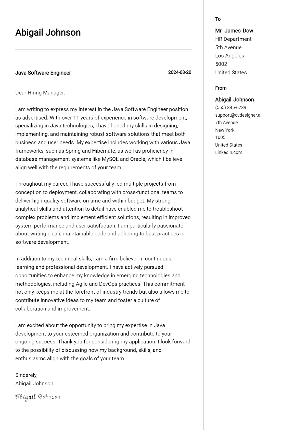 Java Software Engineer Cover Letter Example for 2026: Top CV Skills Preview