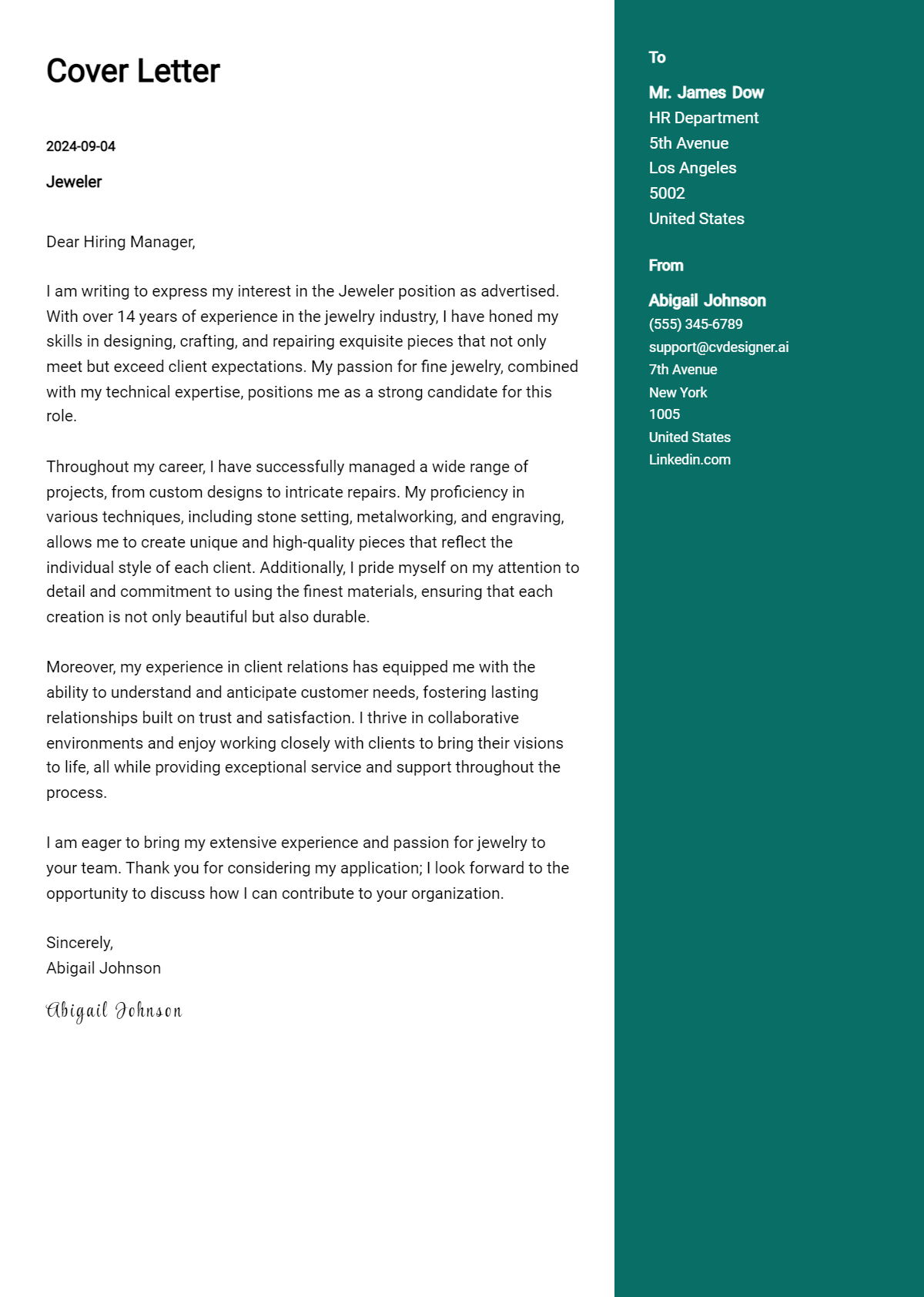 Jeweler Cover Letter Example for 2026 (Download Templates) Preview