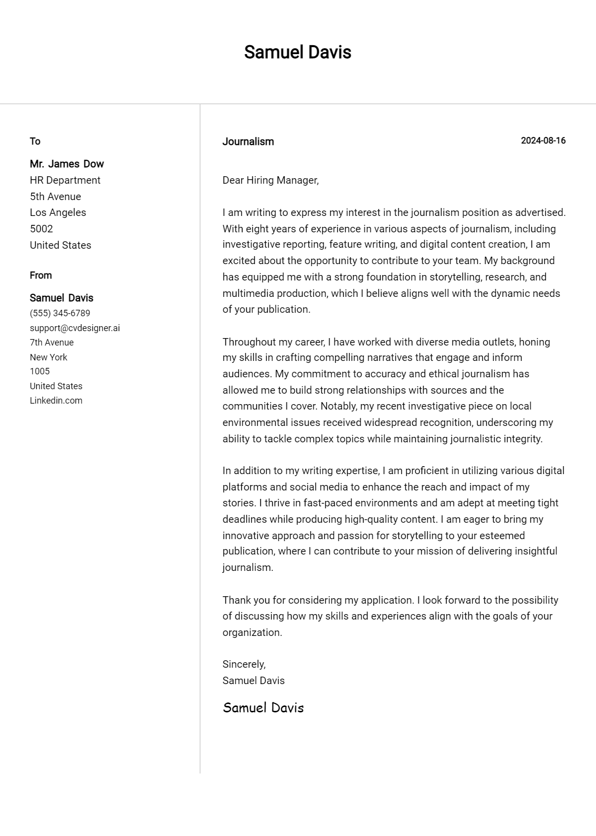 Journalism Cover Letter Example for 2026 (Writing Guide) Preview