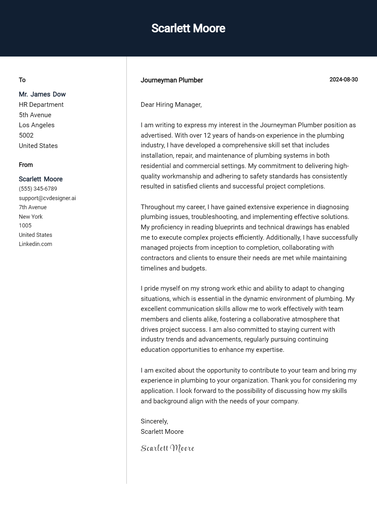 Journeyman Plumber Cover Letter Example for 2026: Tips & Templates Preview