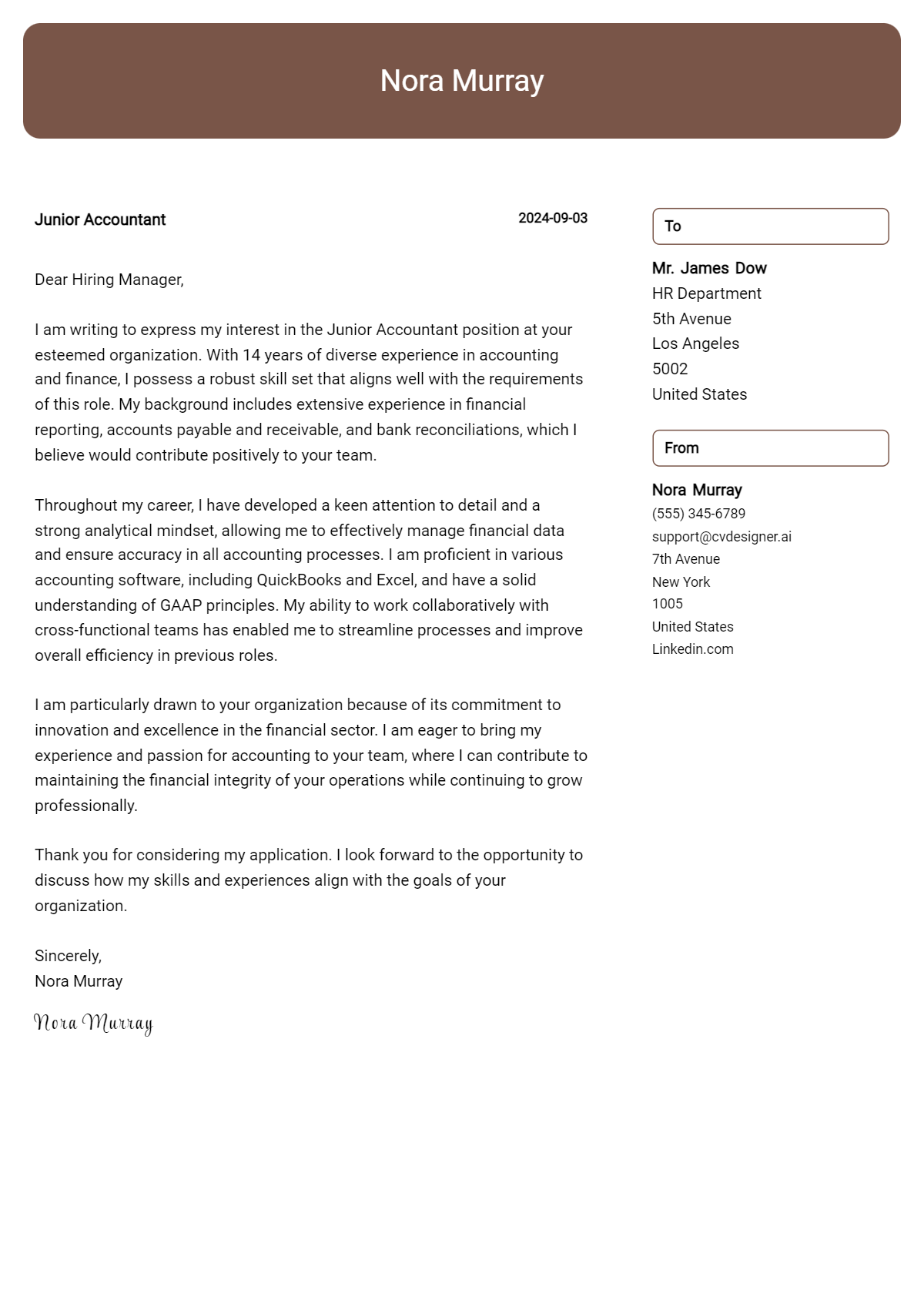 Junior Accountant Cover Letter Examples for 2026 (Downloadable) Preview