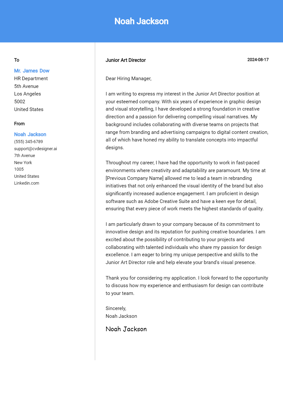 Junior Art Director Cover Letter Example for 2026 (Complete Writing Guide) Preview
