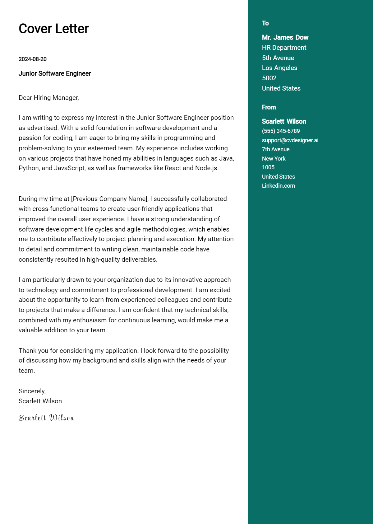 Junior Software Engineer Cover Letter Examples with Writing Tips for 2026 Preview