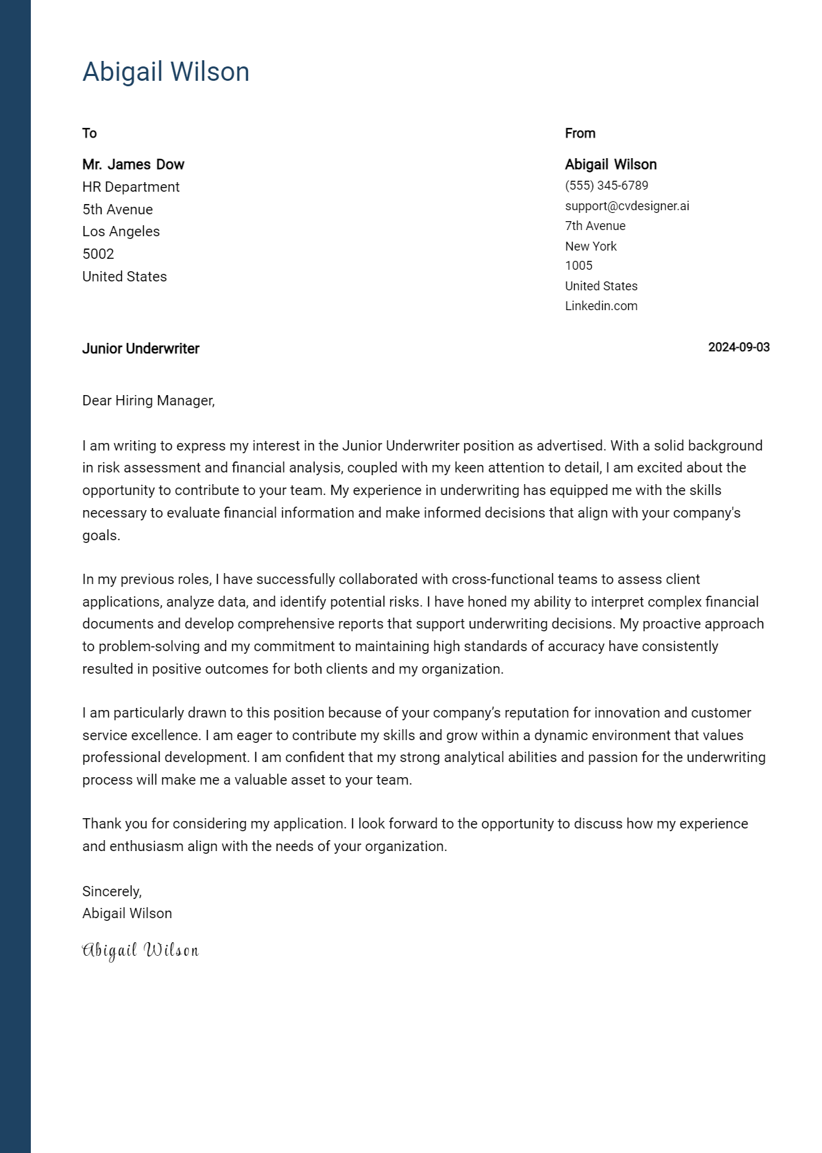 Junior Underwriter Cover Letter Example for 2026: Top CV Skills Preview