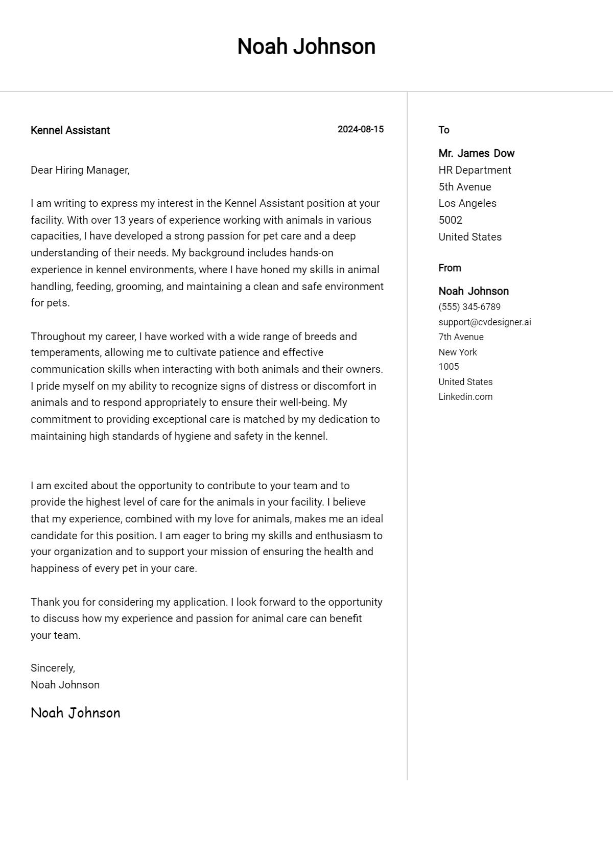 Kennel Assistant Cover Letter Example for 2026 (Free Templates) Preview