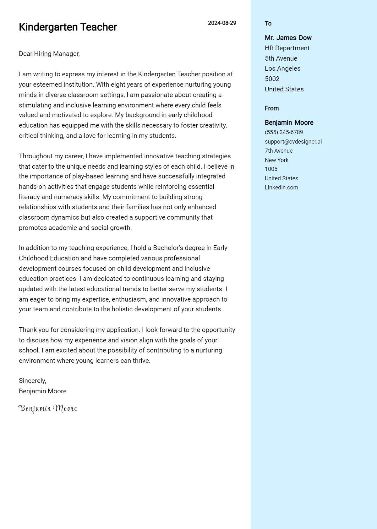 Kindergarten Teacher Cover Letter Example for 2026 (Writing Guide) Preview