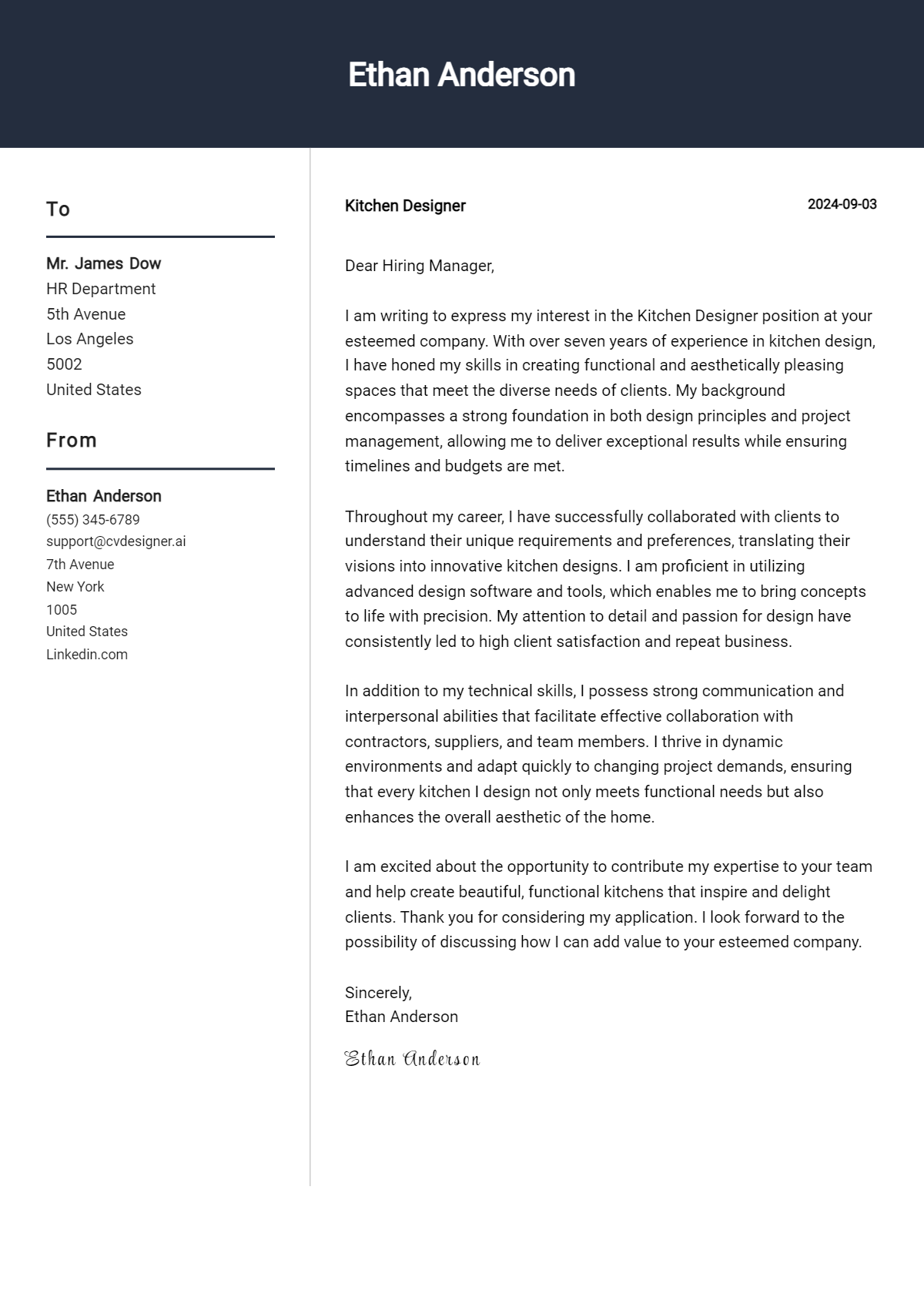 Kitchen Designer Cover Letter Example for 2026 (Free Templates) Preview