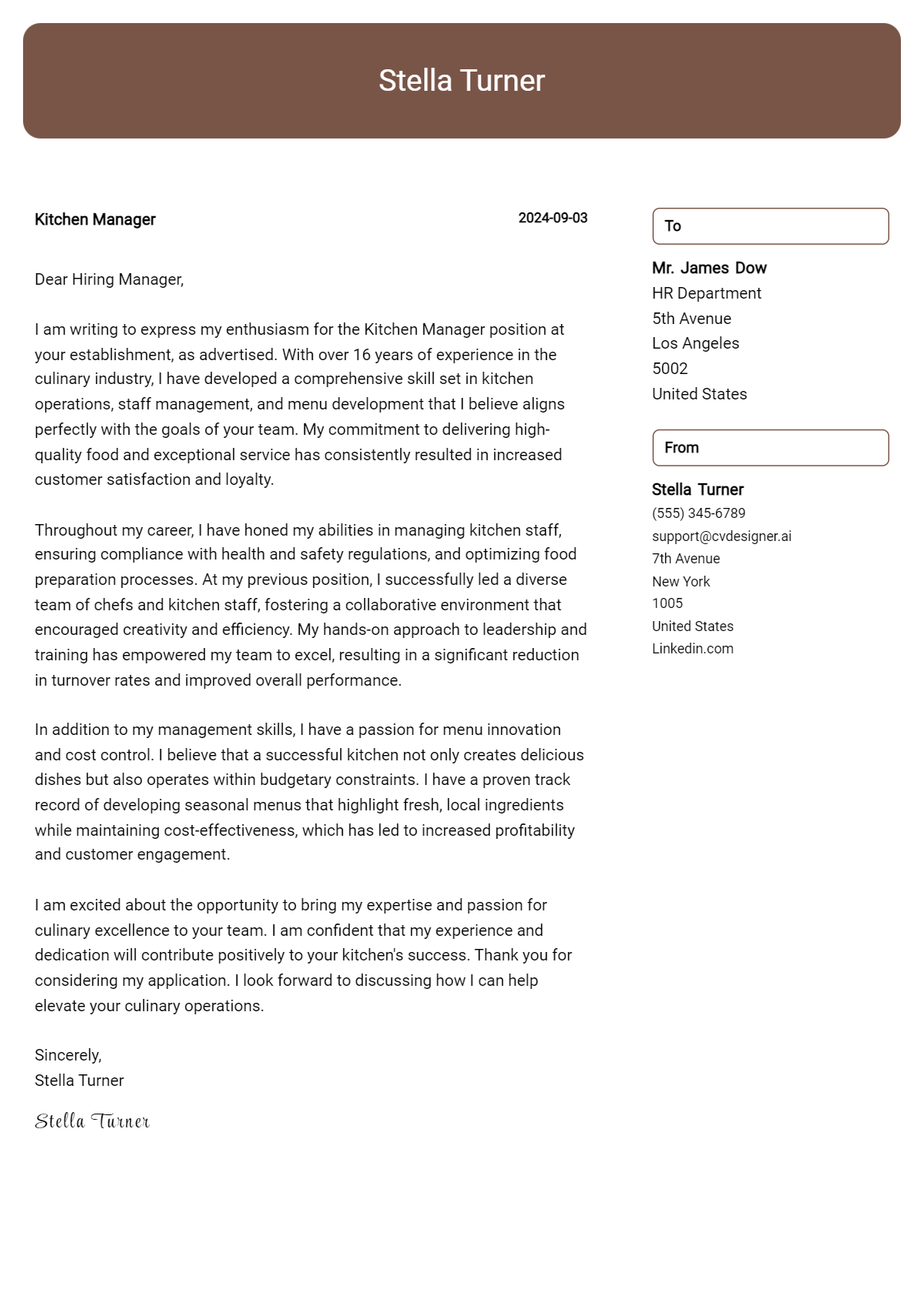 Kitchen Manager Cover Letter Examples for 2026 (Downloadable) Preview
