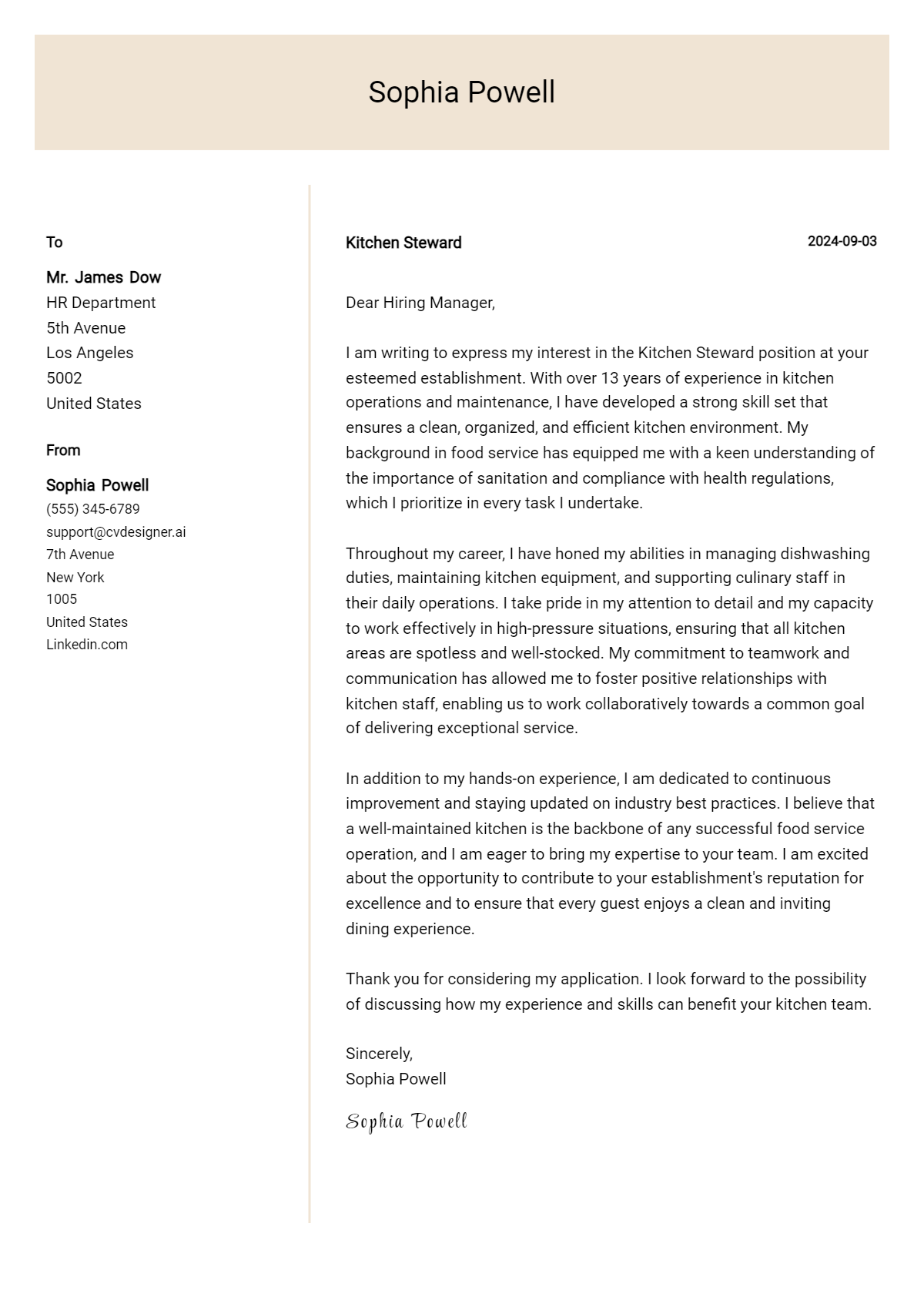 Kitchen Steward Cover Letter Example for 2026: Proven Tips Preview