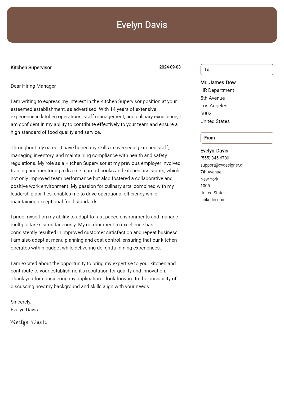 Kitchen Supervisor Cover Letter Example for 2026 (Writing Guide) Preview