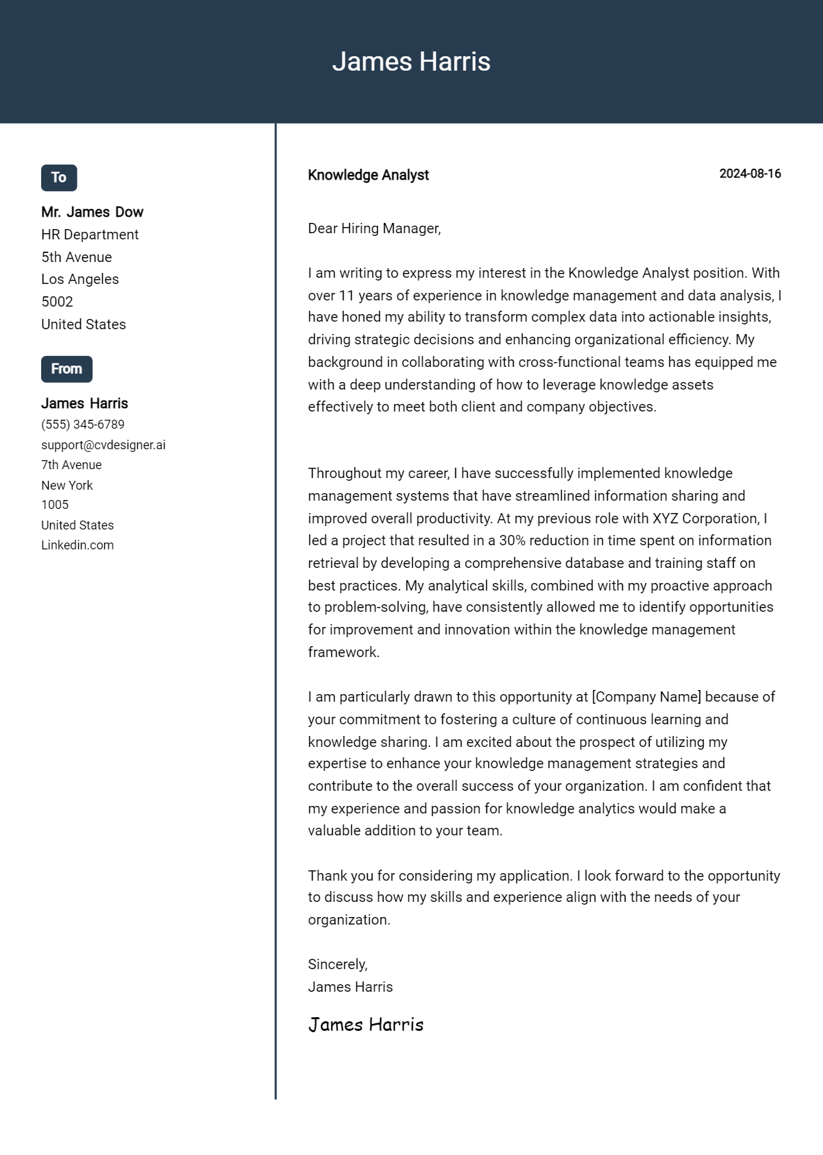 Knowledge Analyst Cover Letter Examples & Samples for 2026 Preview