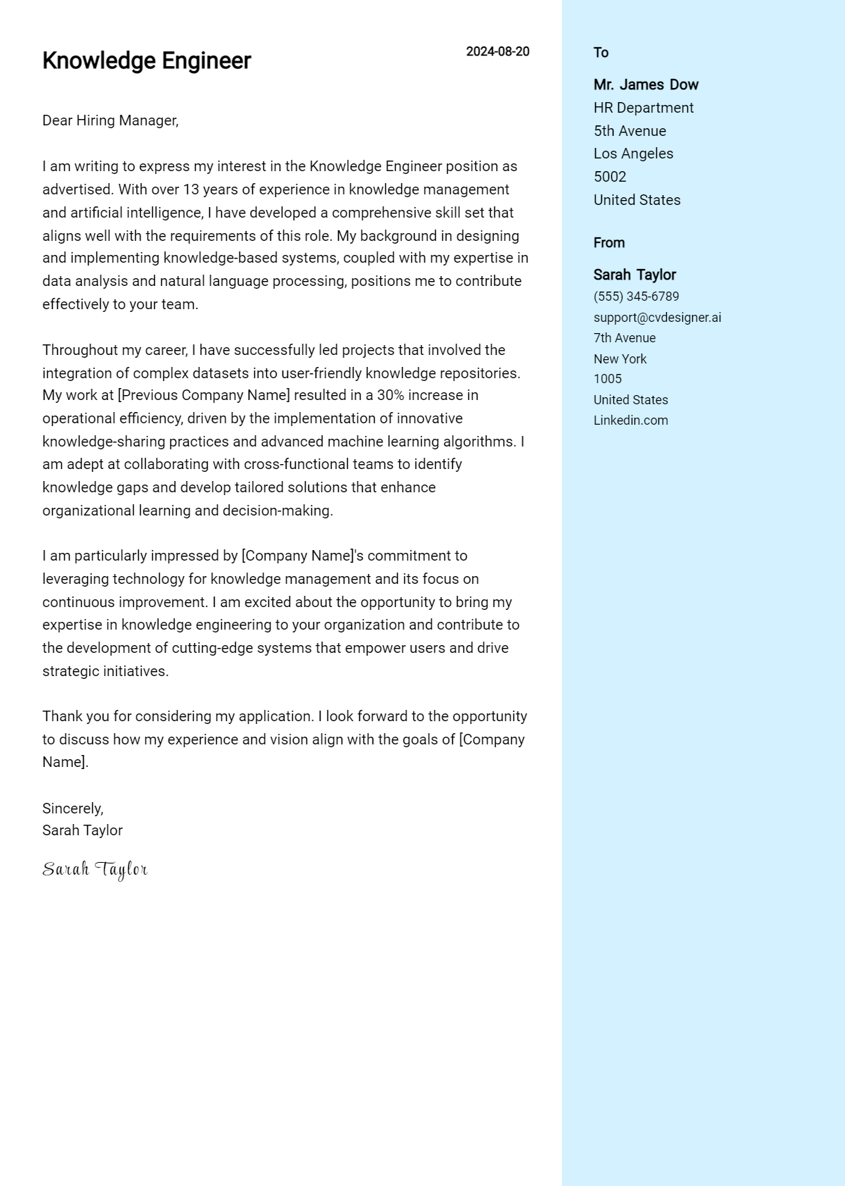 Knowledge Engineer Cover Letter Examples and Templates for 2026 Preview