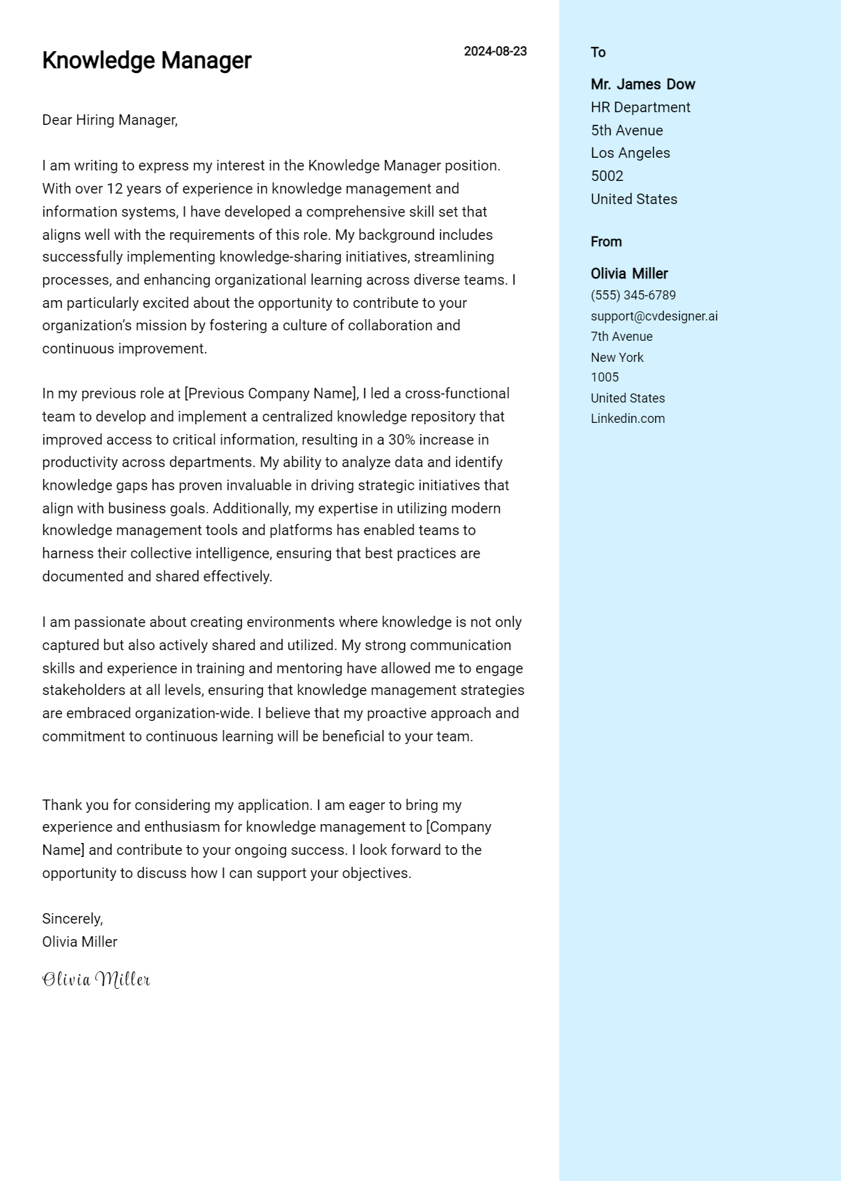Knowledge Manager Cover Letter Example for 2026 (Complete Writing Guide) Preview