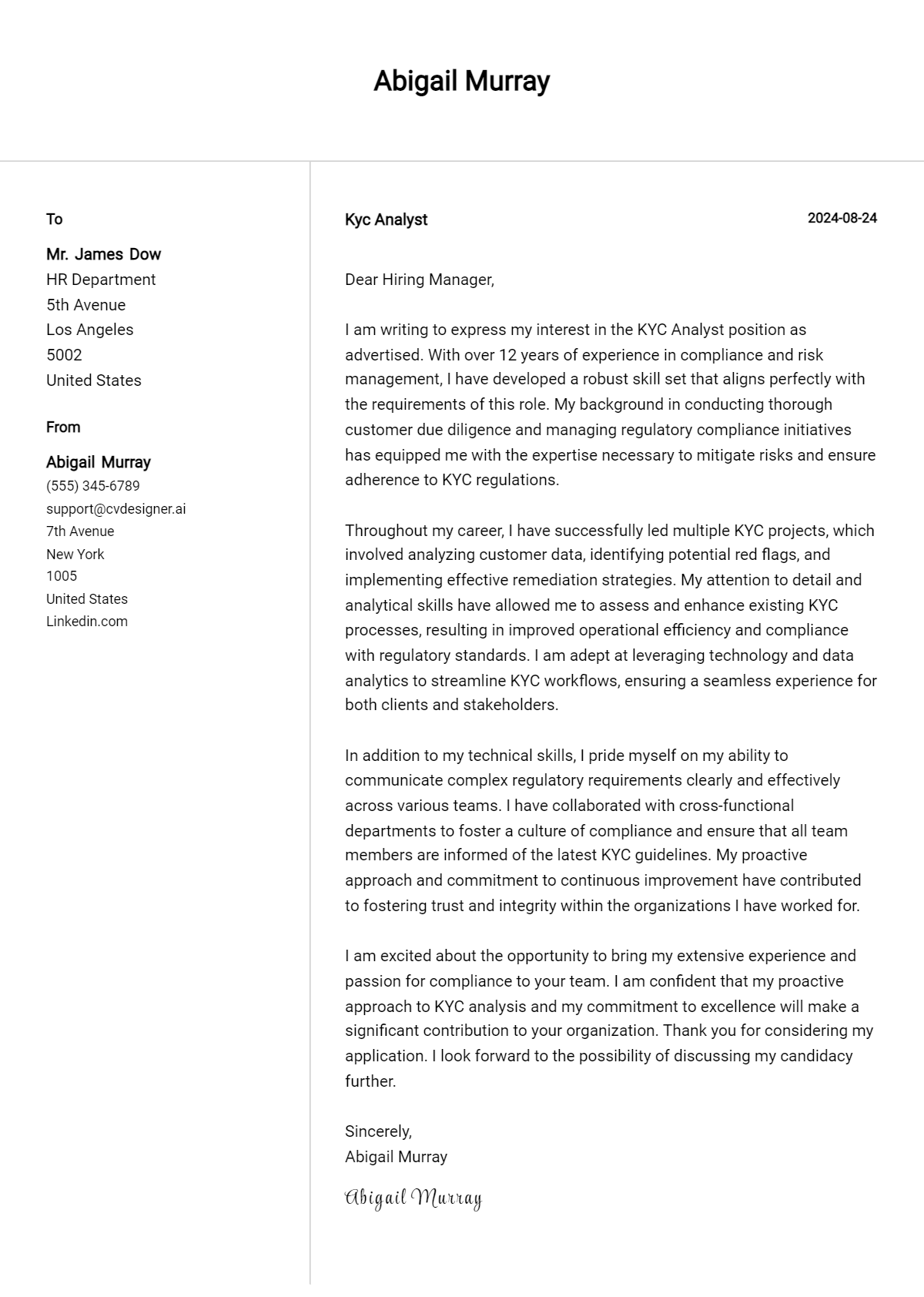 Kyc Analyst Cover Letter Example for 2026: Top CV Skills Preview
