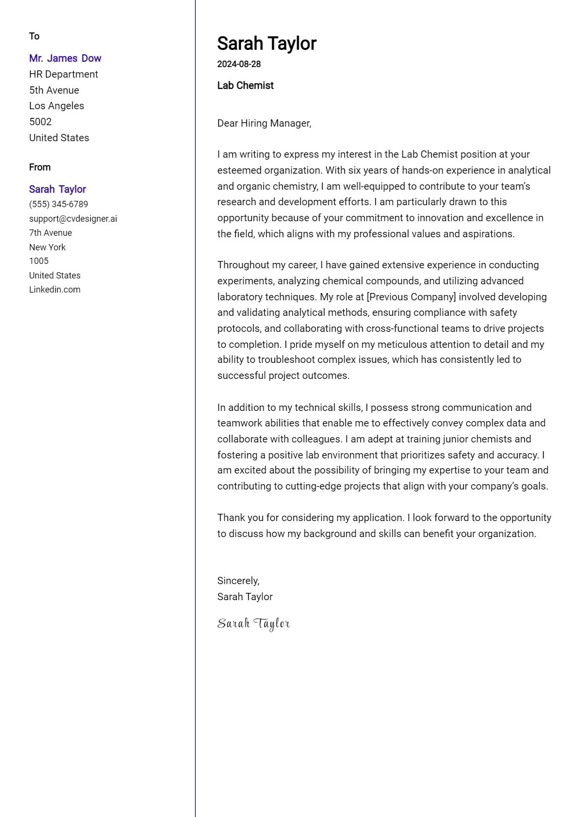 Lab Chemist Cover Letter Examples & Samples for 2026 Preview