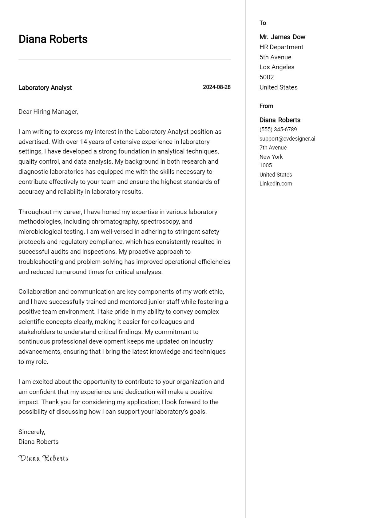 Laboratory Analyst Cover Letter Examples for 2026 (Downloadable) Preview