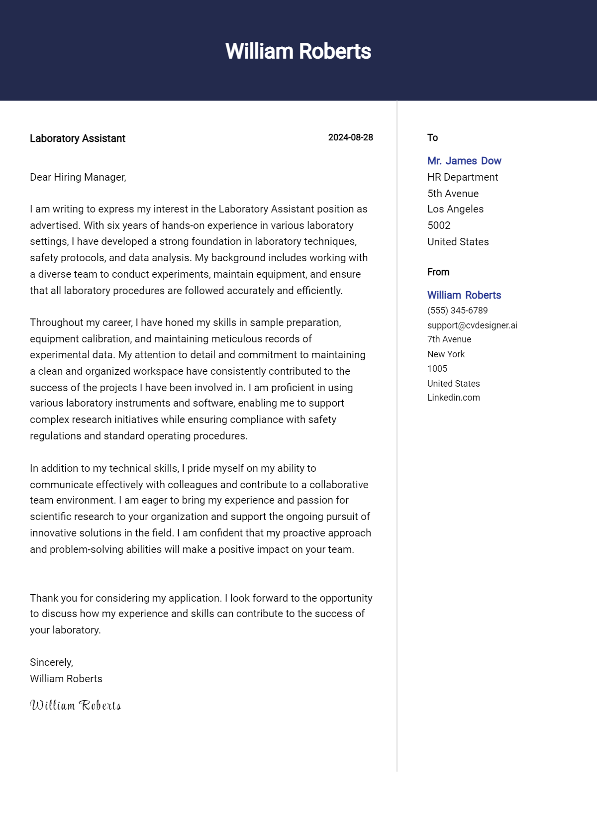 Laboratory Assistant Cover Letter Example for 2026 (Complete Writing Guide) Preview