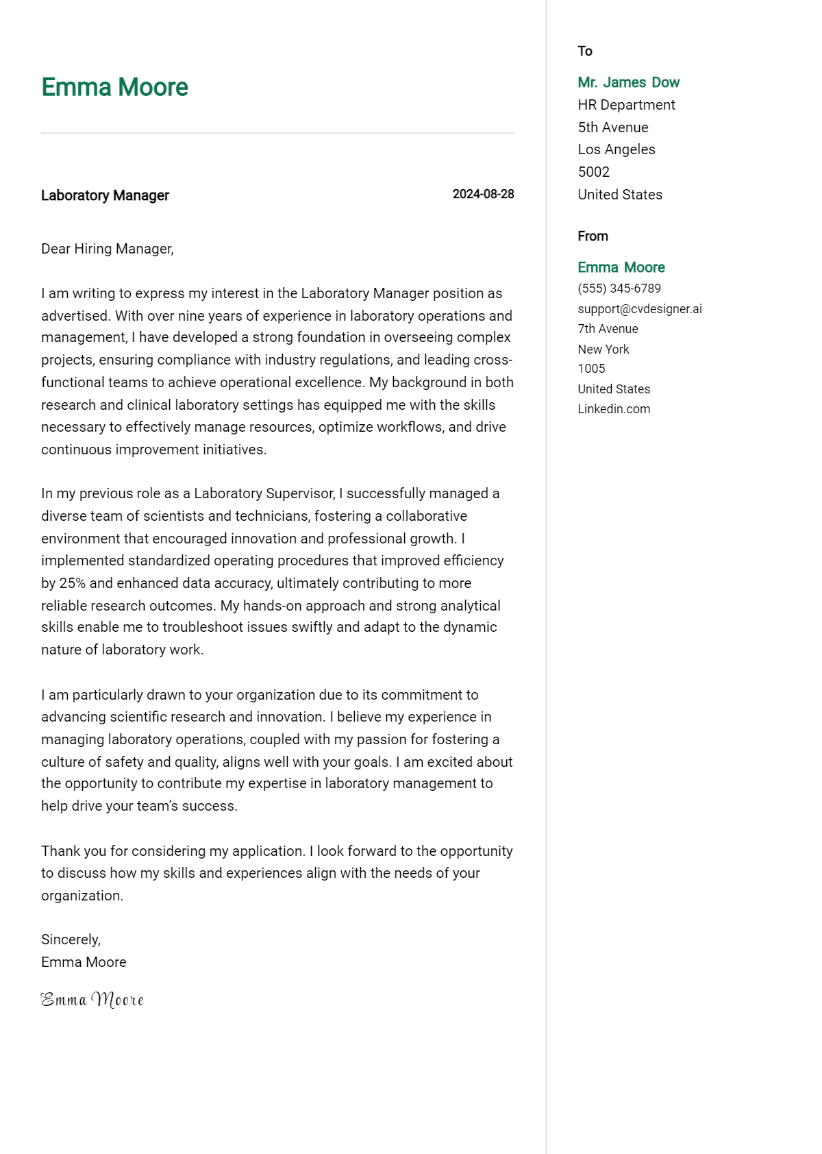 Laboratory Manager Cover Letter Examples for 2026 (Downloadable) Preview