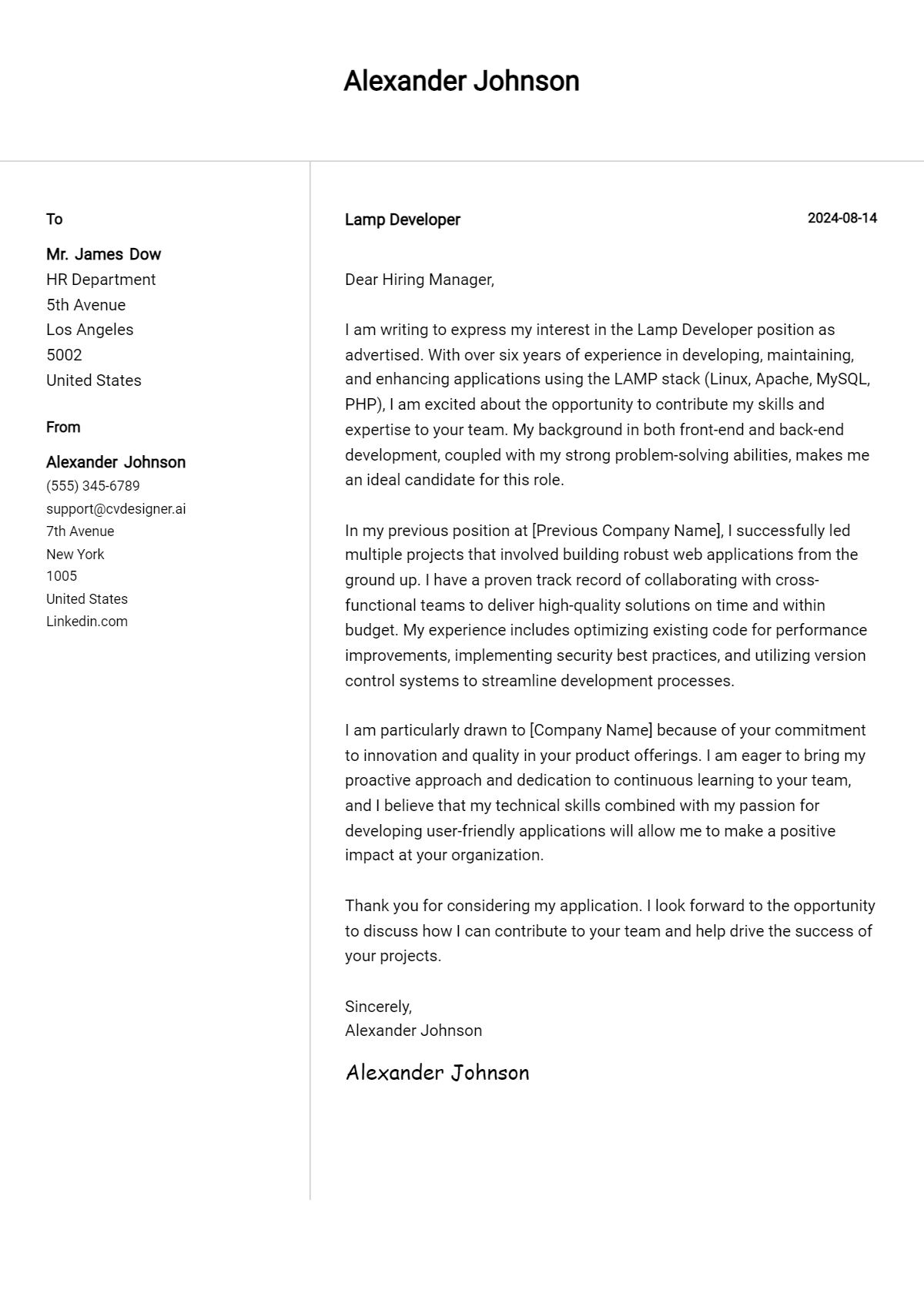 Lamp Developer Cover Letter Examples for 2026 (Downloadable) Preview
