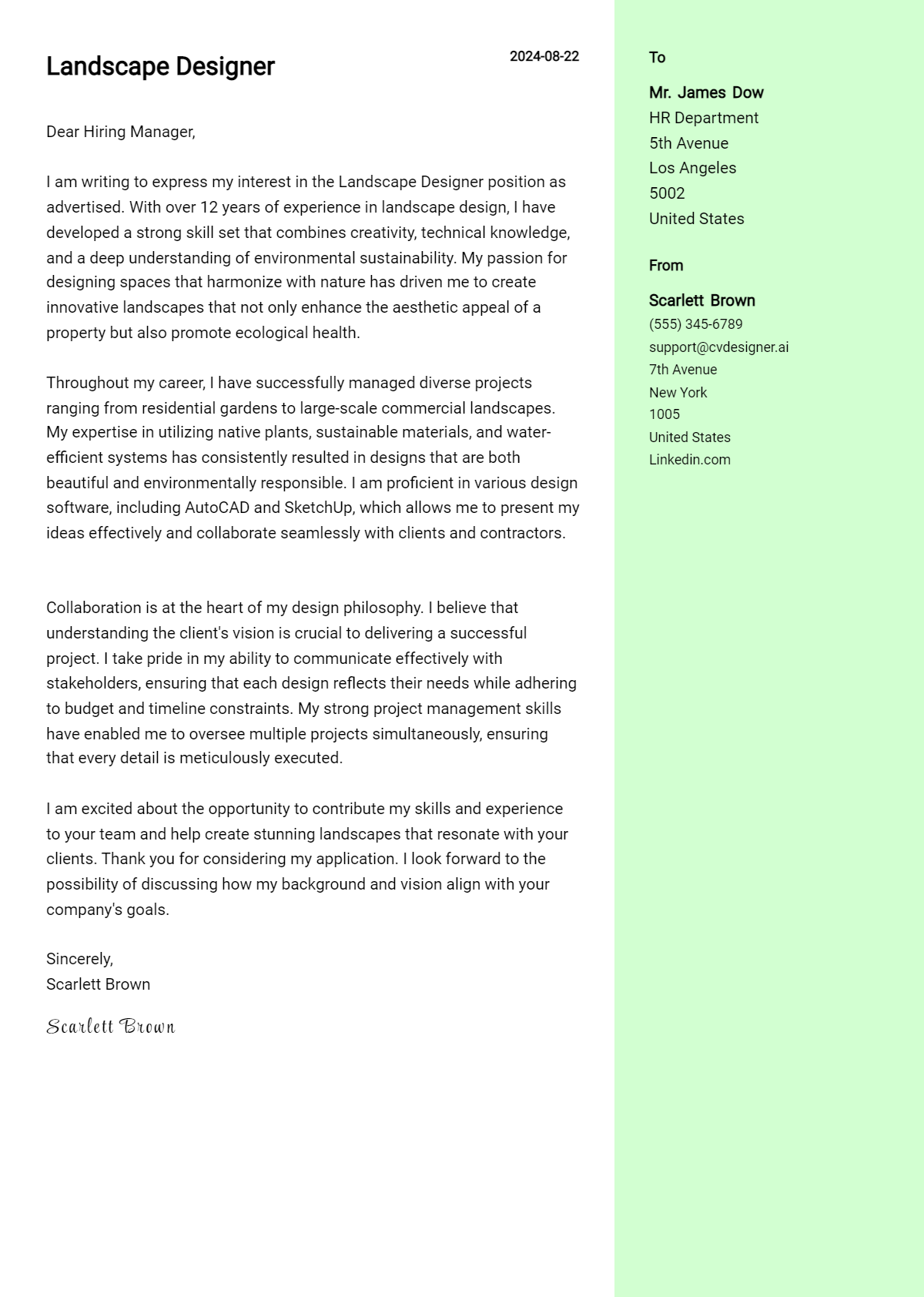 Landscape Designer Cover Letter Example for 2026 (Free Templates) Preview