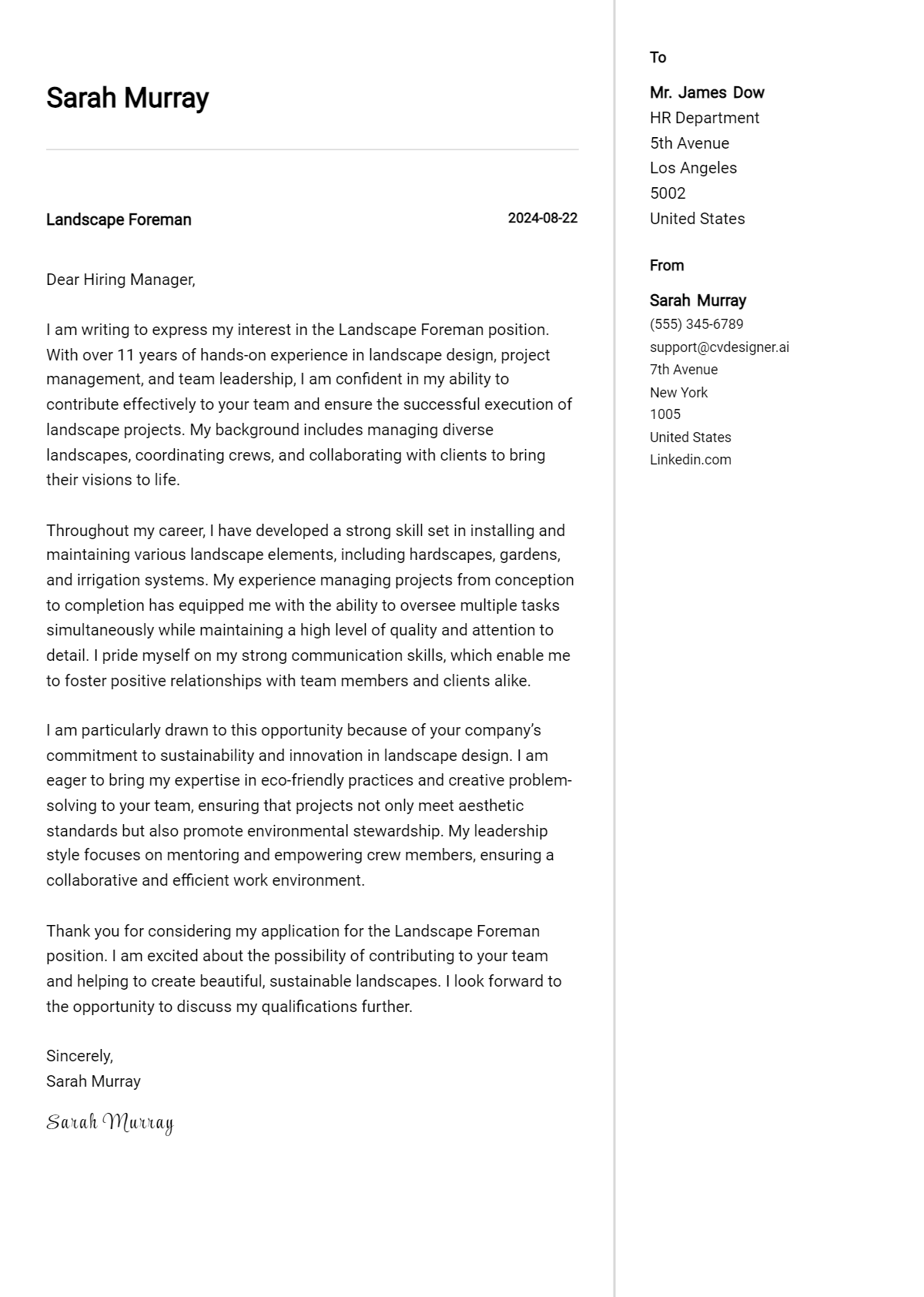 Landscape Foreman Cover Letter Samples & Examples 2026 Preview