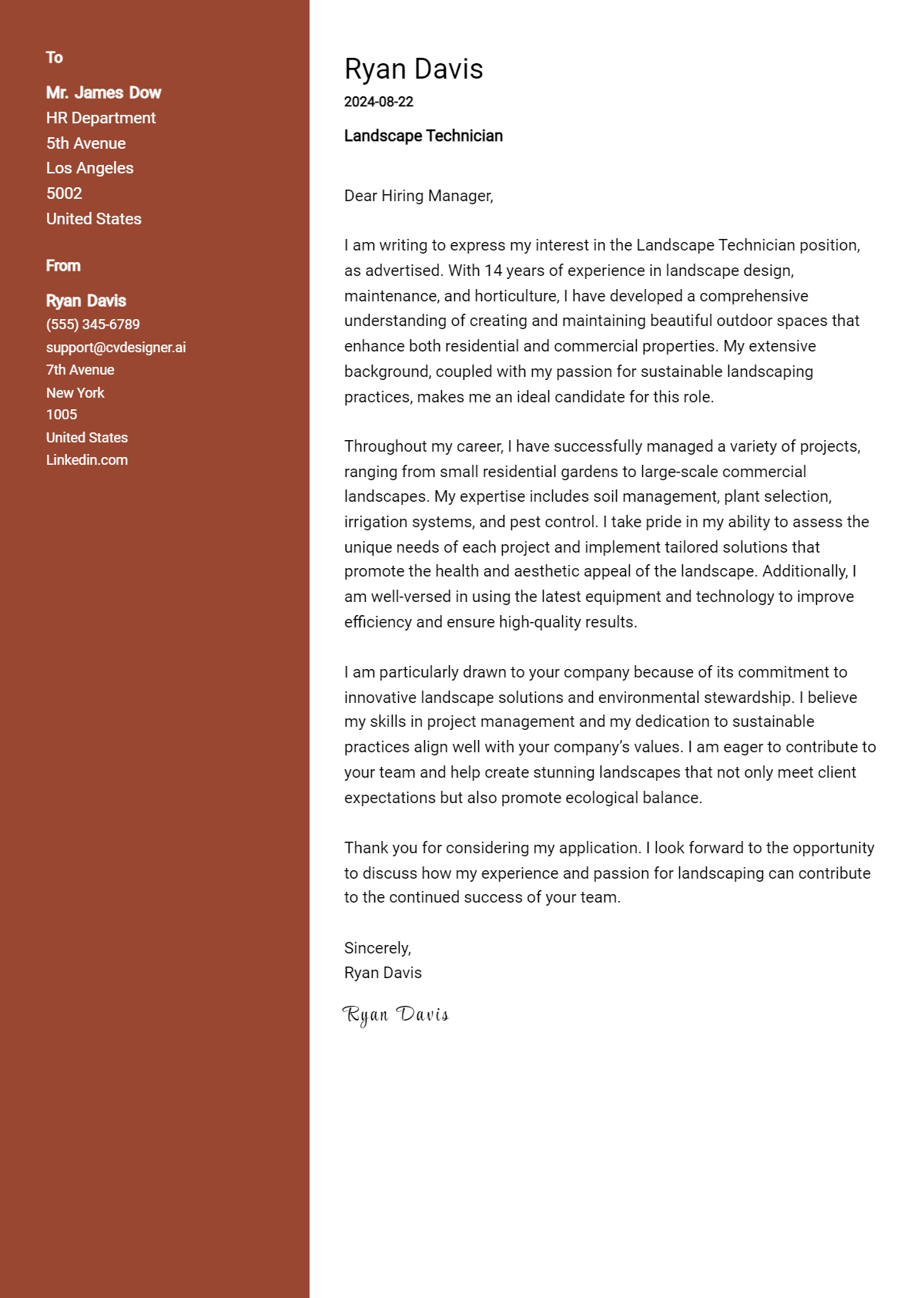 Landscape Technician Cover Letter Example for 2026 (Free Templates) Preview