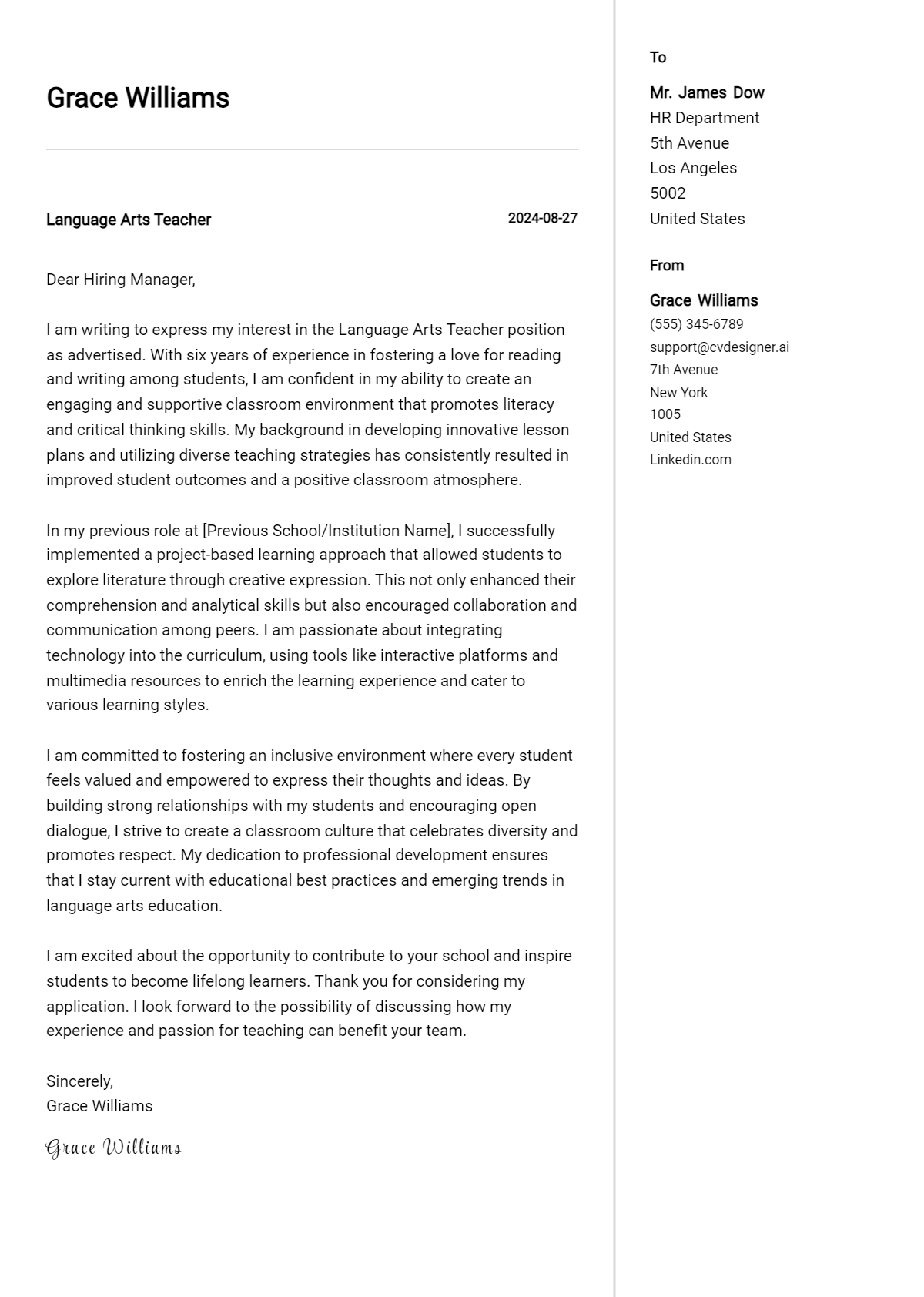 Language Arts Teacher Cover Letter Example for 2026: Free Templates Preview