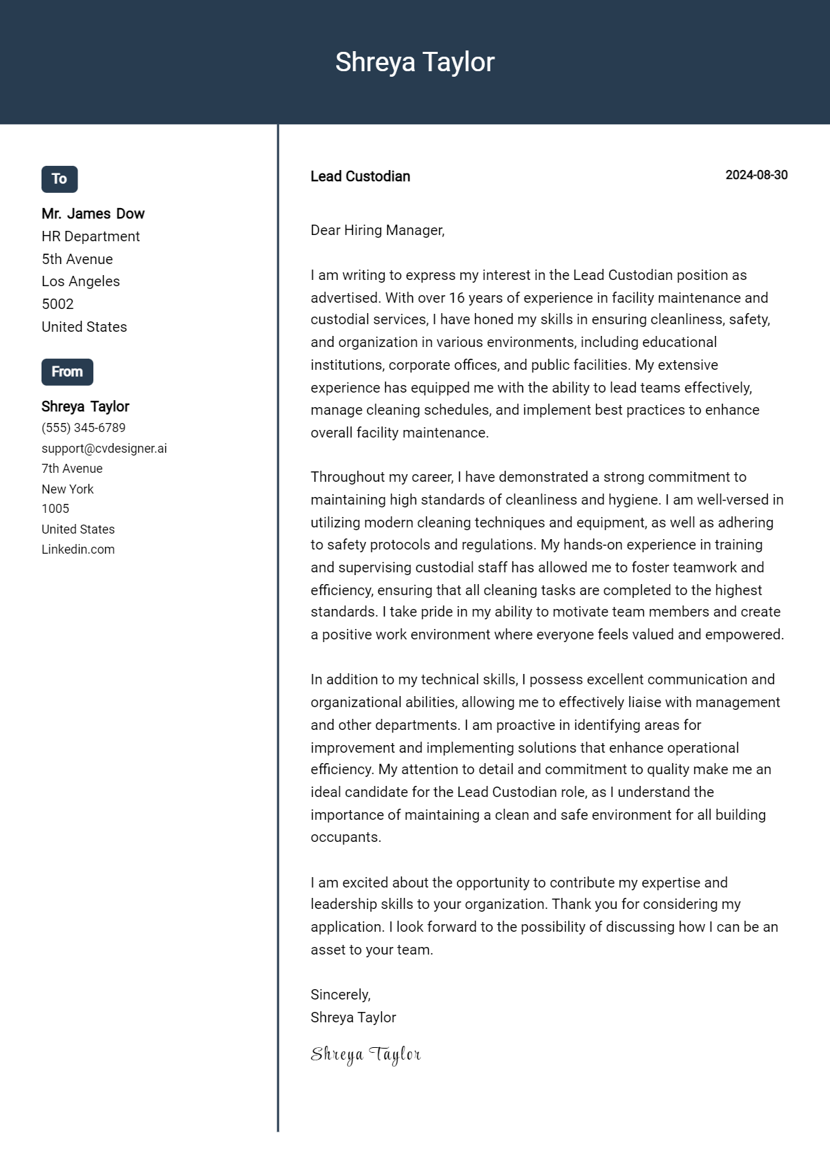 Lead Custodian Cover Letter Examples and Templates for 2026 Preview