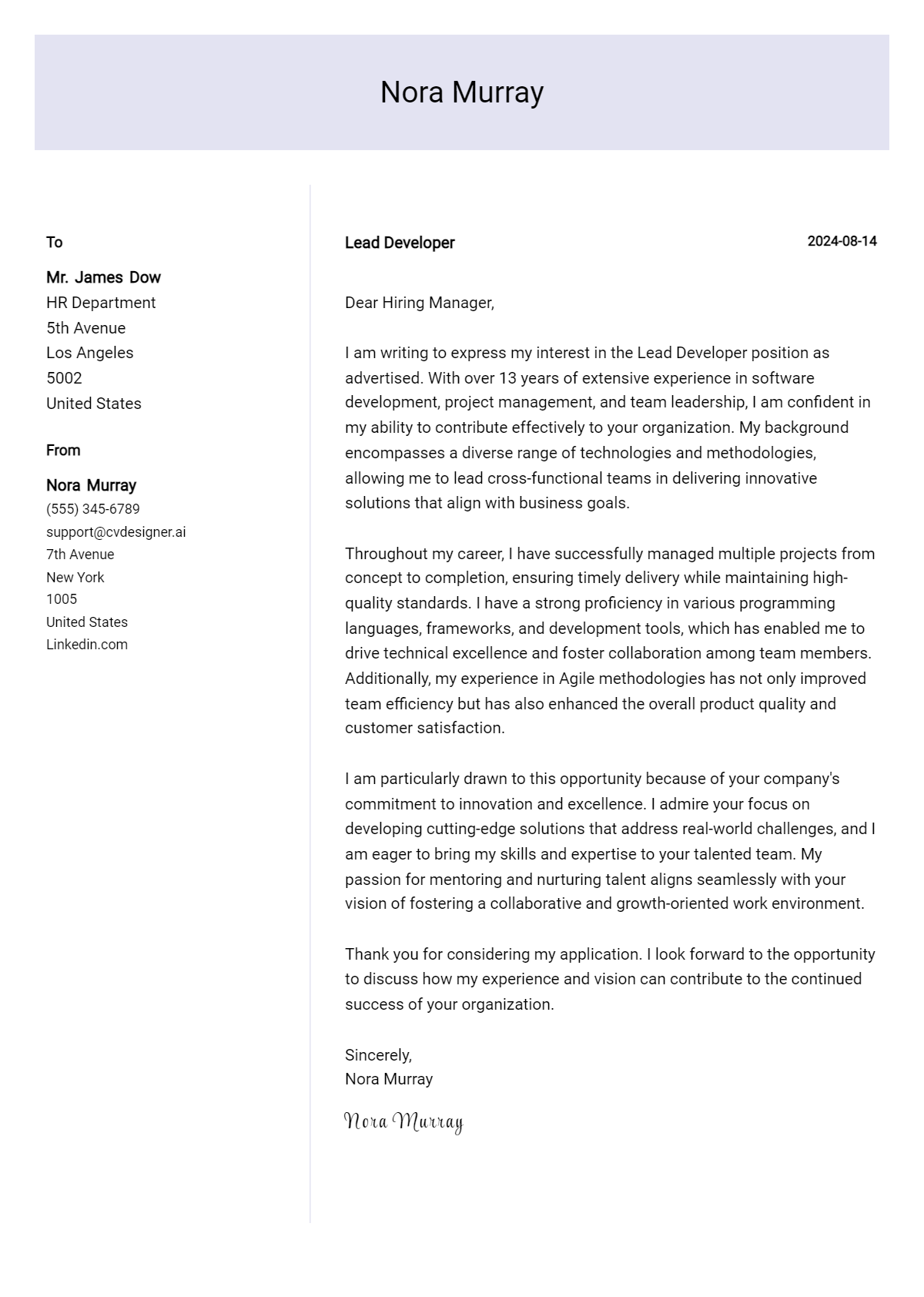 Lead Developer Cover Letter Example for 2026: Proven Tips Preview