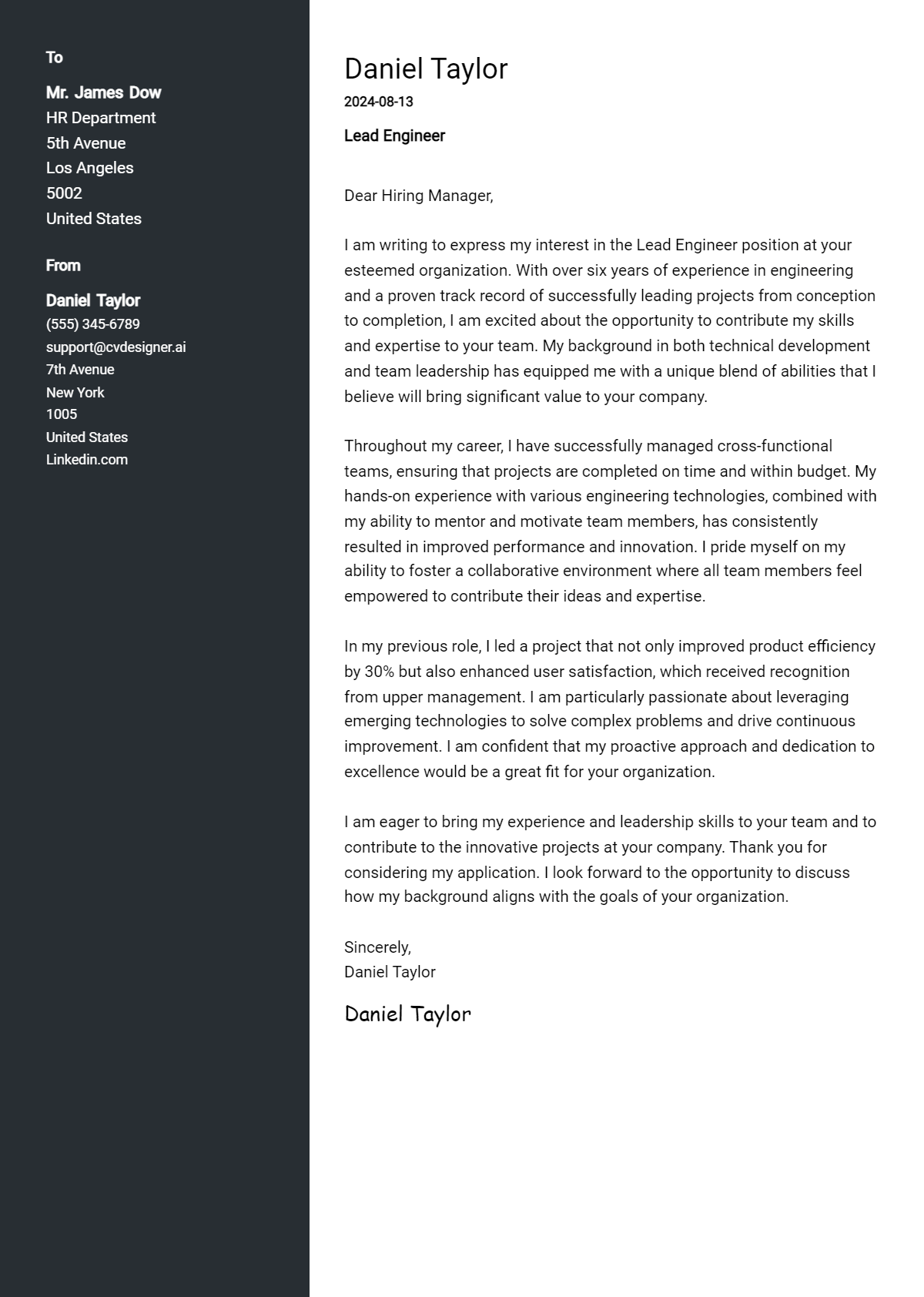 Lead Engineer Cover Letter Examples for 2026 (Downloadable) Preview