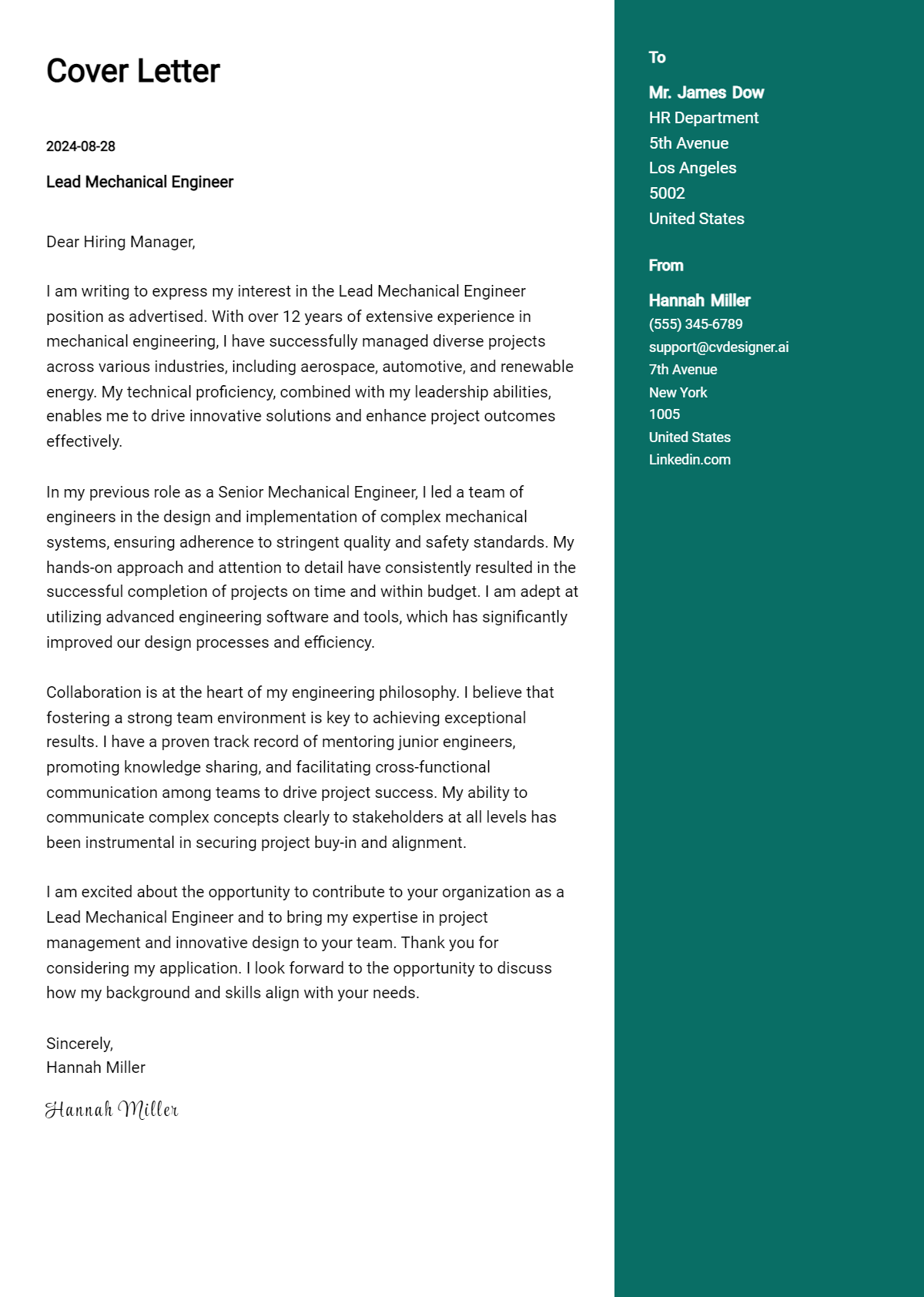 Lead Mechanical Engineer Cover Letter Examples for 2026 (Downloadable) Preview