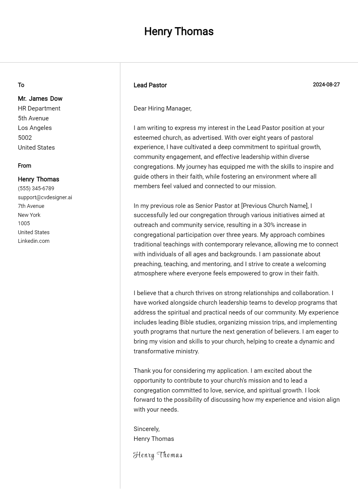 Lead Pastor Cover Letter Example for 2026: Ultimate Guide Preview