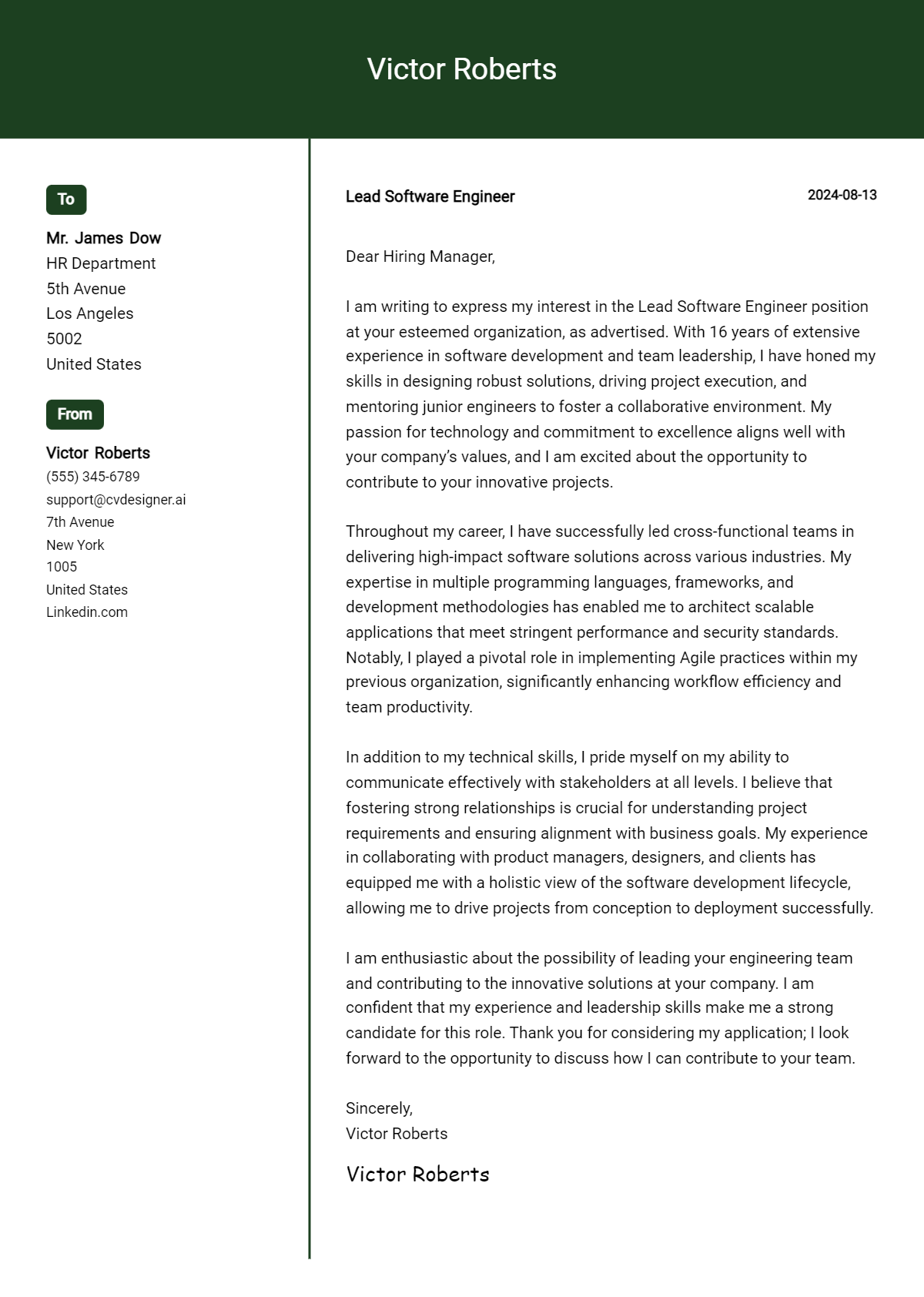 Lead Software Engineer Cover Letter Example for 2026: Free Templates Preview