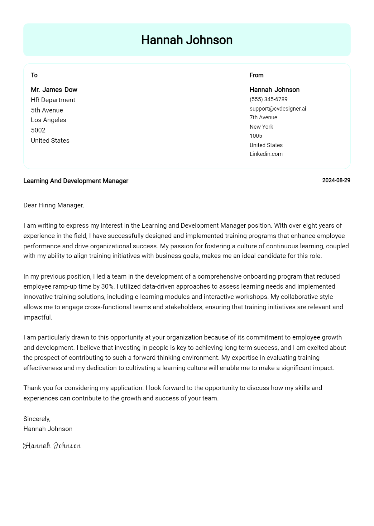 Learning And Development Manager Cover Letter Examples & Samples for 2026 Preview