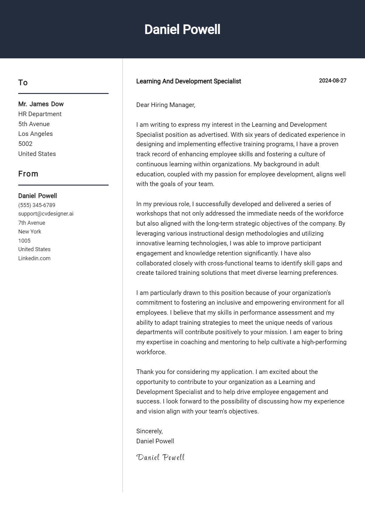 Learning And Development Specialist Cover Letter Example for 2026: Expert Tips & Templates Preview