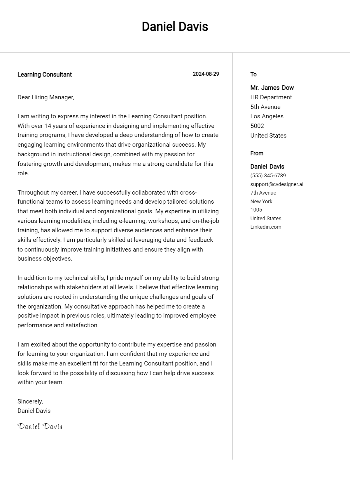 Learning Consultant Cover Letter Example for 2026 (Free Templates) Preview