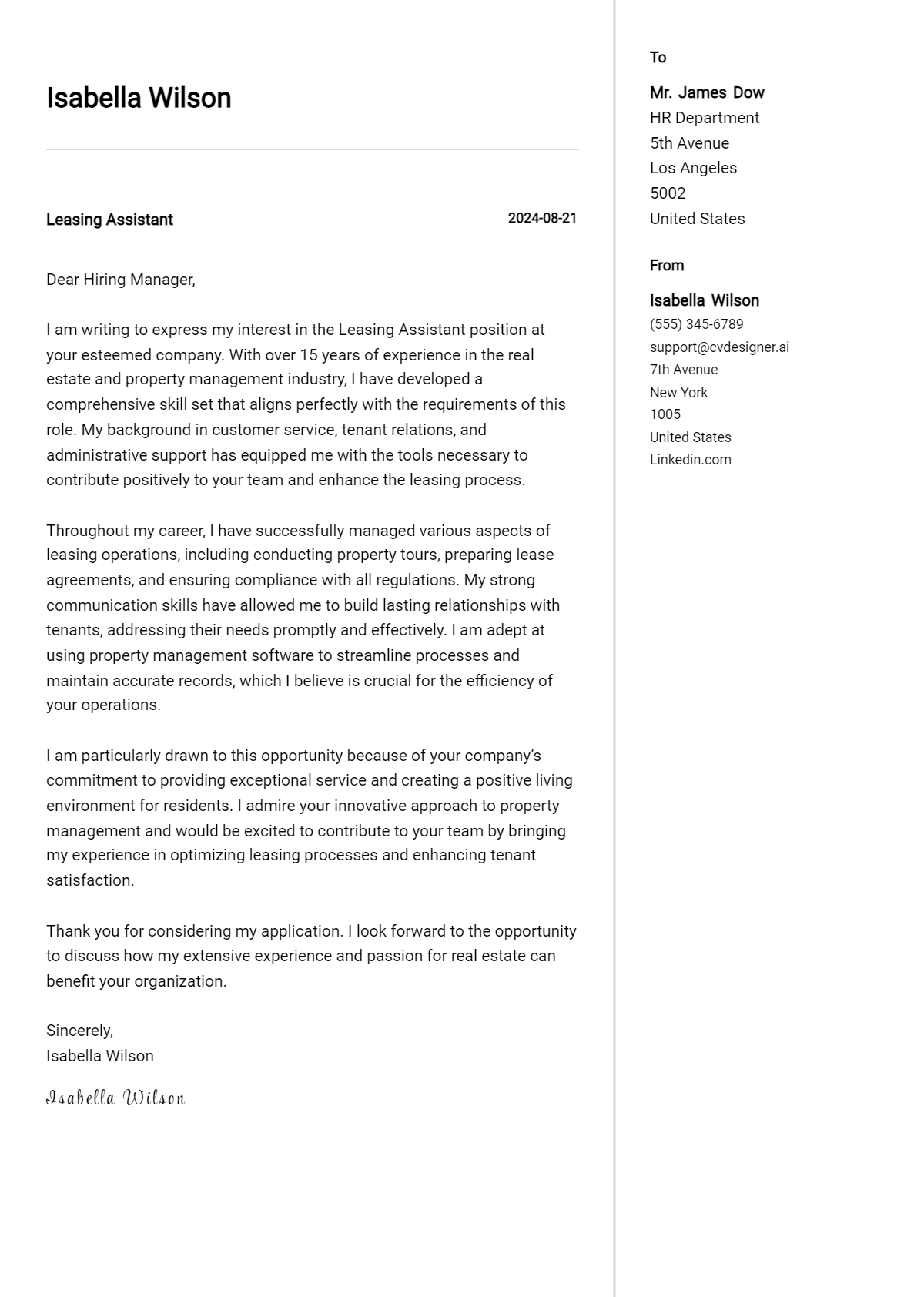 Leasing Assistant Cover Letter Example for 2026 (Complete Writing Guide) Preview