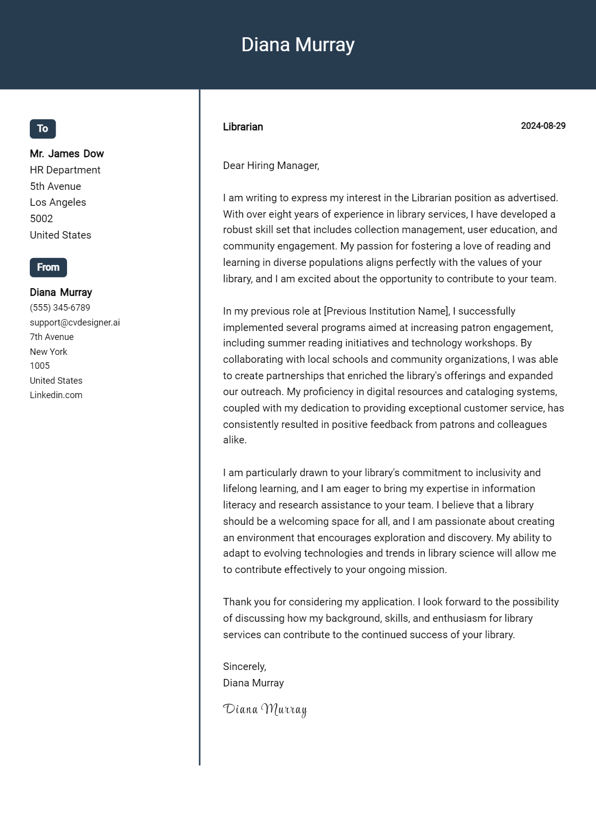 Librarian Cover Letter Example for 2026 (Writing Guide) Preview