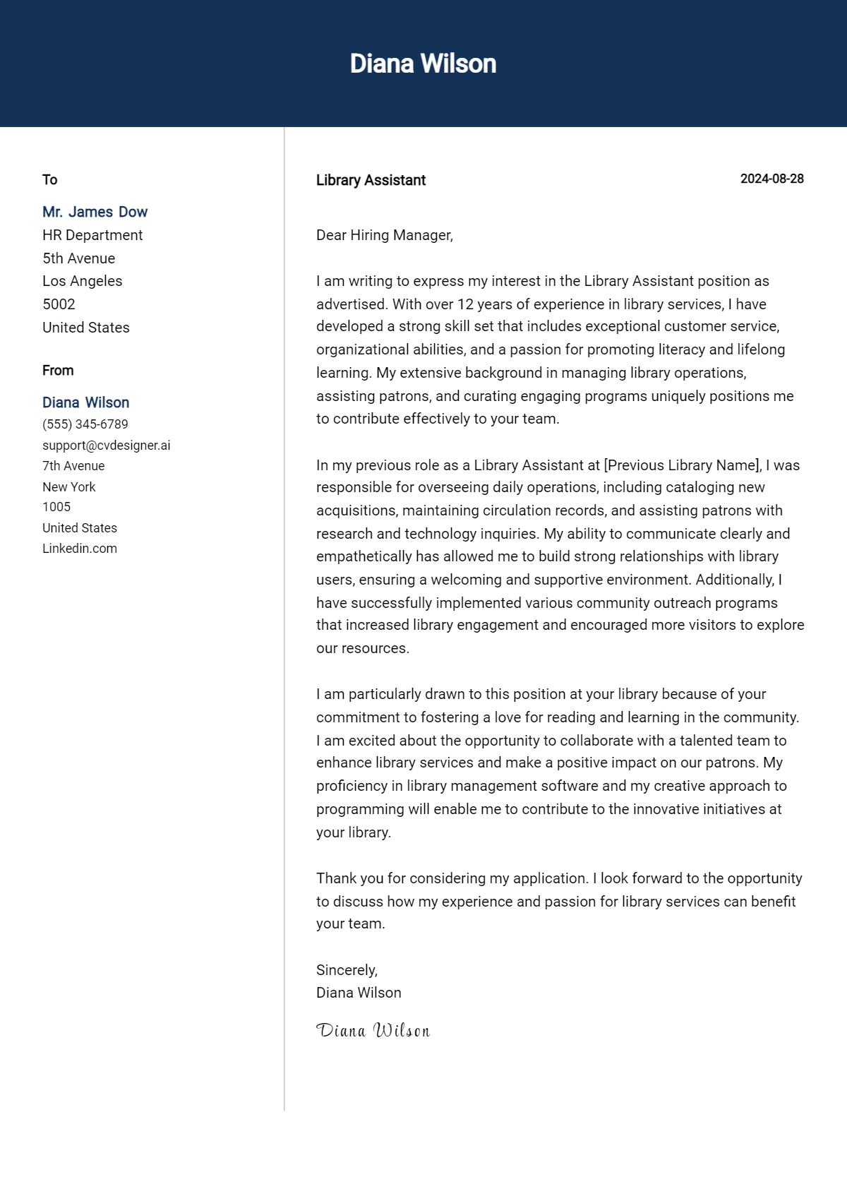 Library Assistant Cover Letter Example for 2026 (Complete Writing Guide) Preview