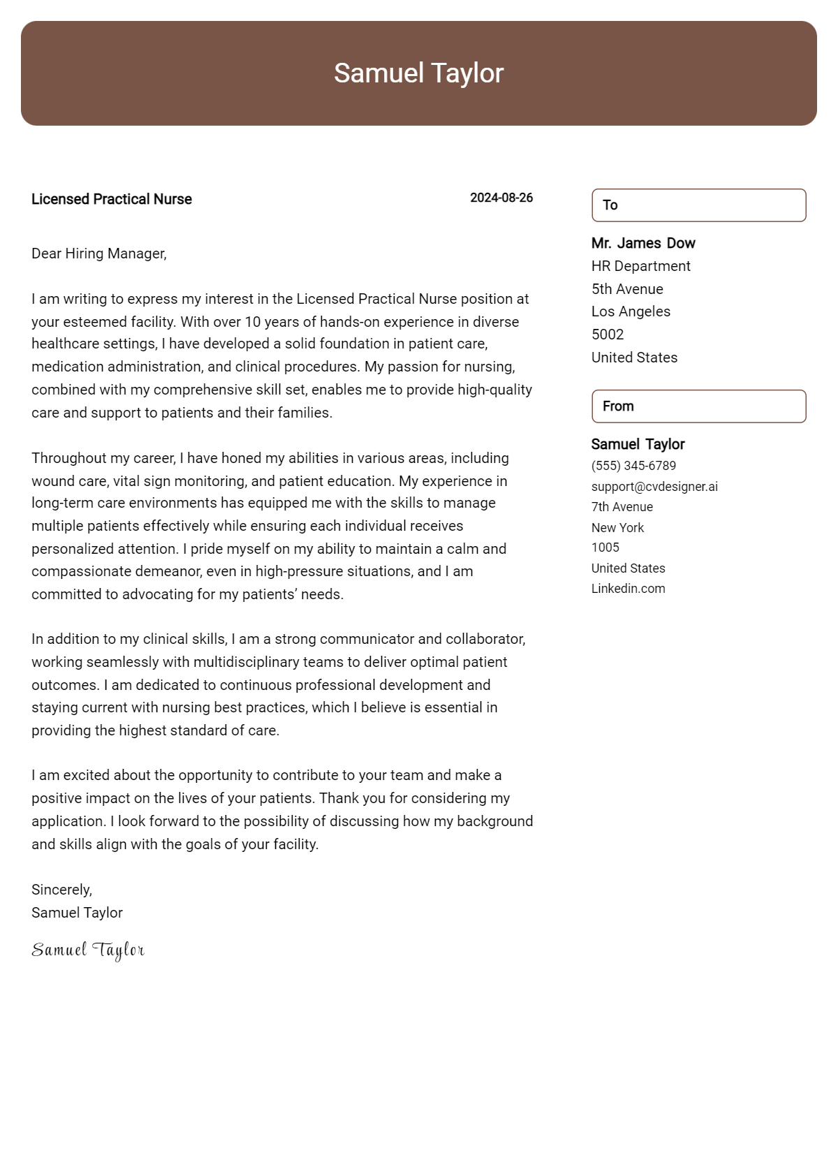 Licensed Practical Nurse Cover Letter Example for 2026 (Writing Guide) Preview
