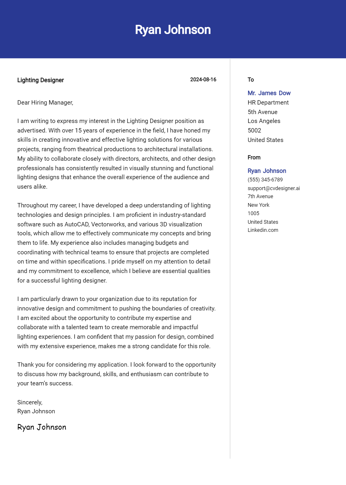 Lighting Designer Cover Letter Example for 2026: Ultimate Guide Preview