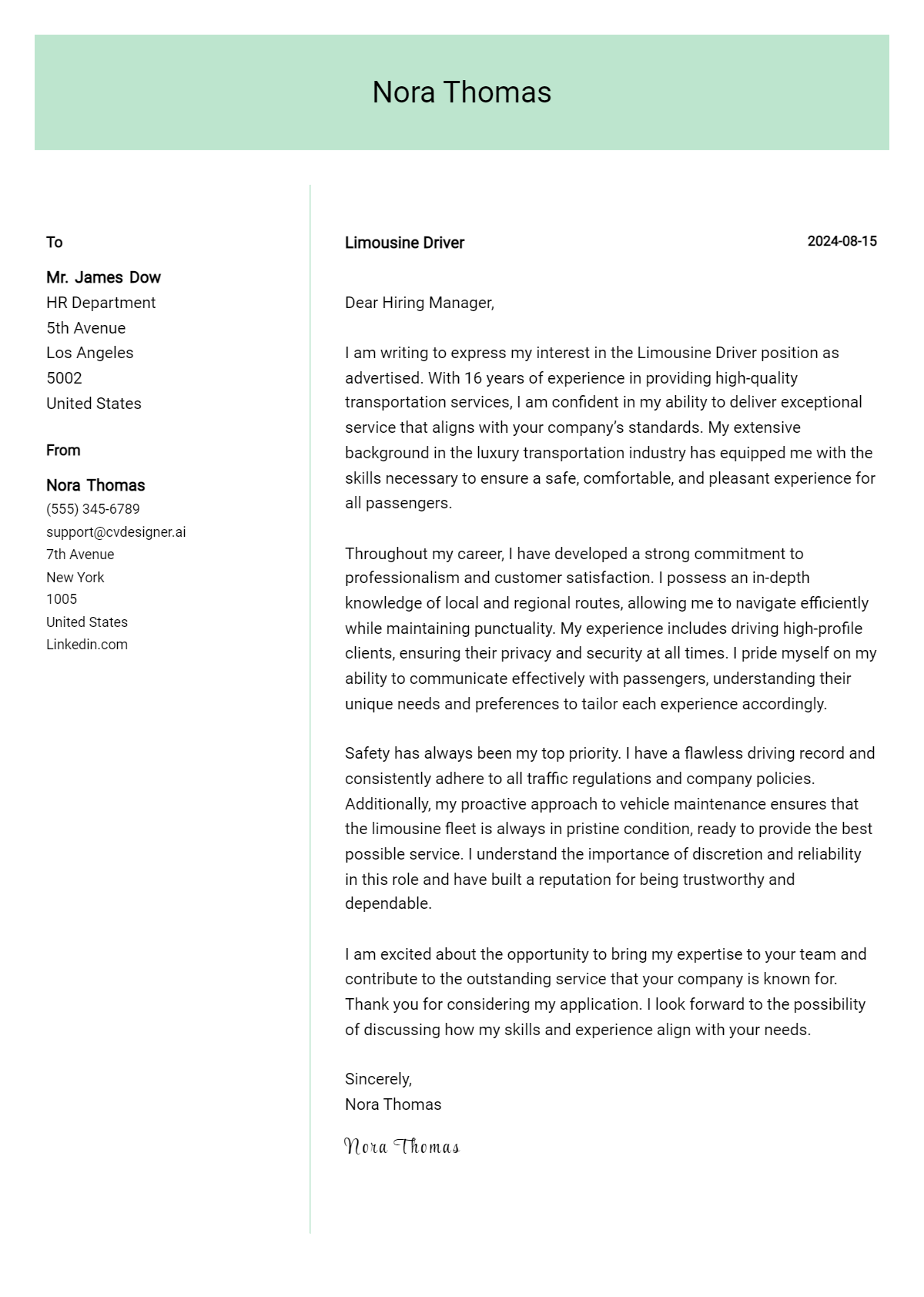 Limousine Driver Cover Letter Example for 2026 (Download Templates) Preview
