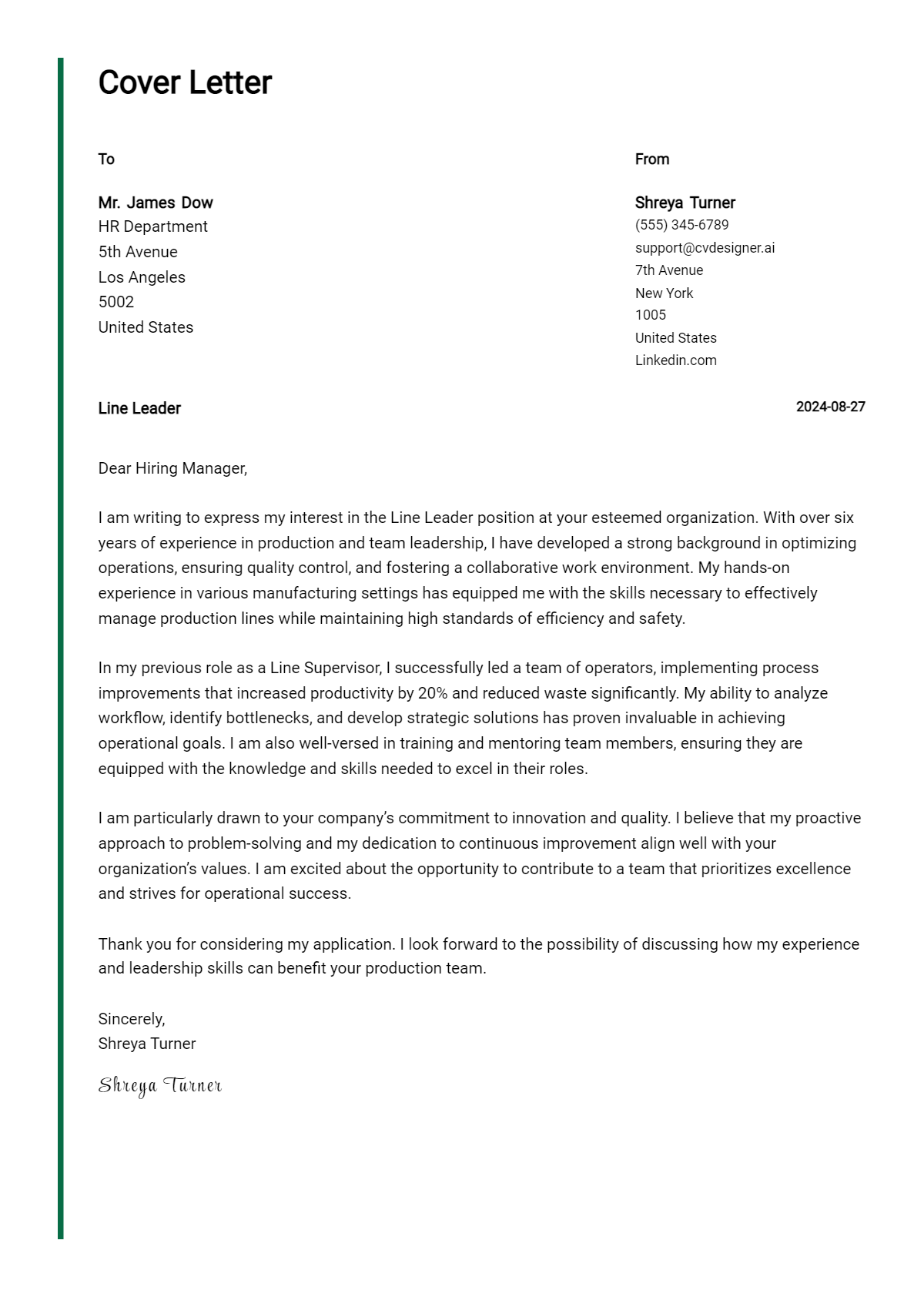 Line Leader Cover Letter Example for 2026 (Writing Guide) Preview