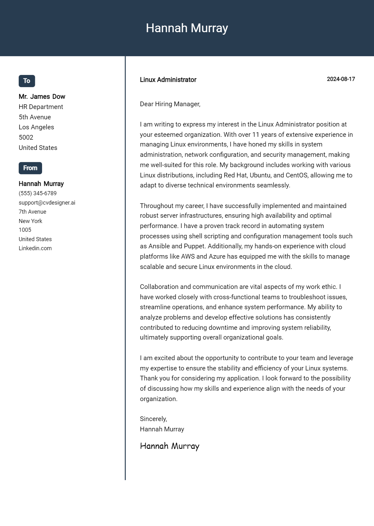 Linux Administrator Cover Letter Example for 2026: Top CV Skills Preview