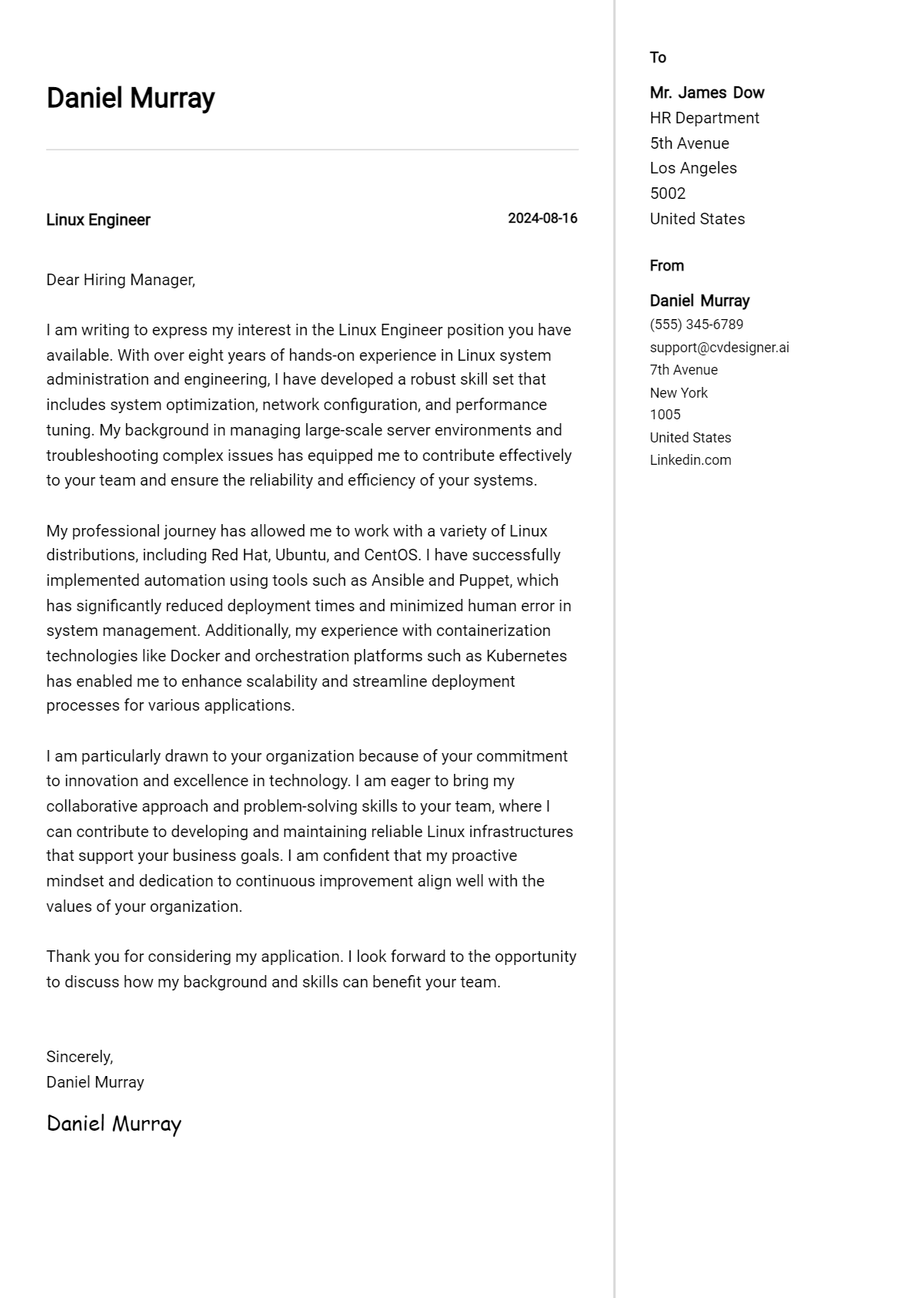 Linux Engineer Cover Letter Example for 2026: Free Templates Preview